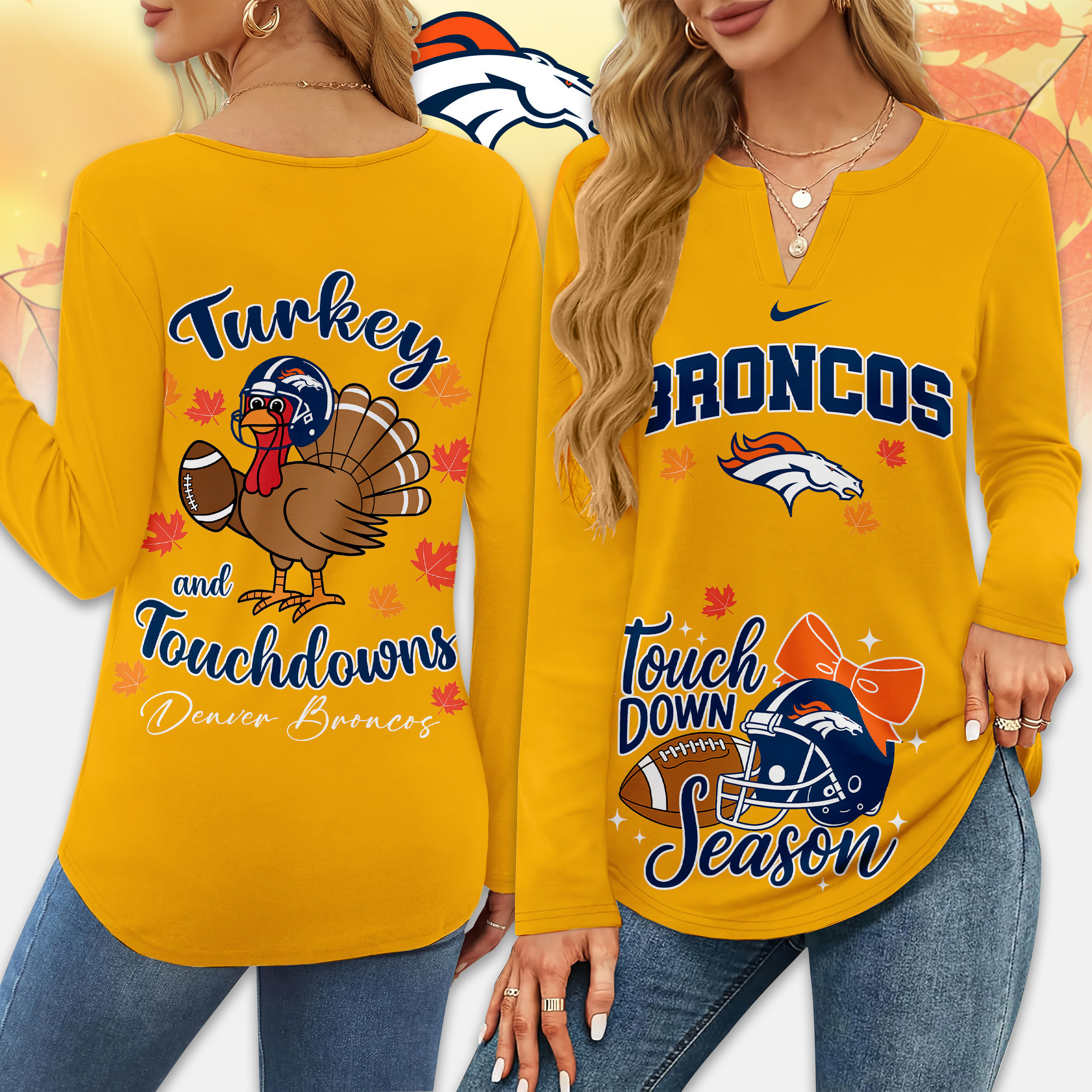 Denver Broncos | Premium NFL Turkey and Touchdowns V-neck Long Sleeve Shirt TD
