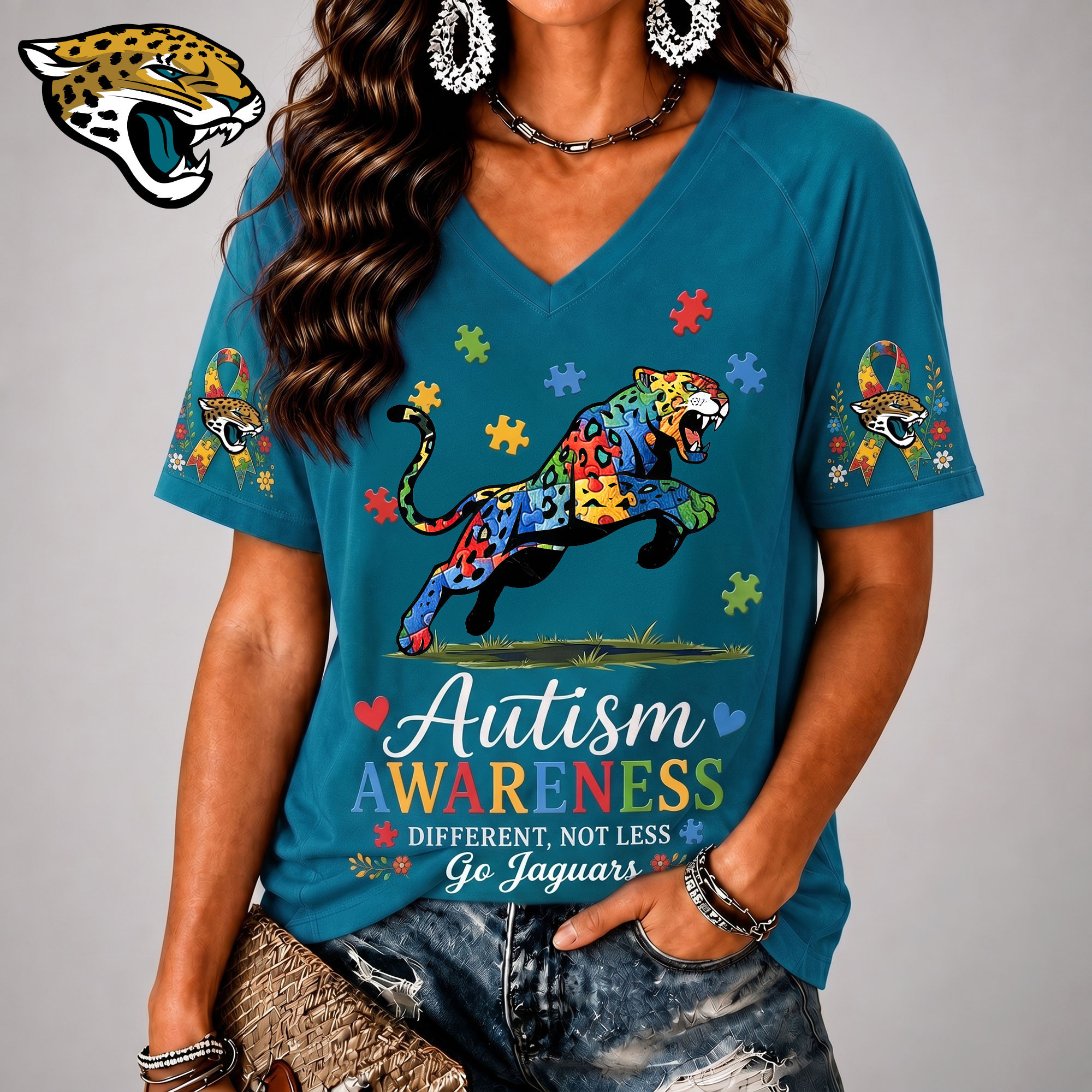 Jacksonville Jaguars| Premium NFL Different, Not Less Autism Awareness V-neck Shirt NY
