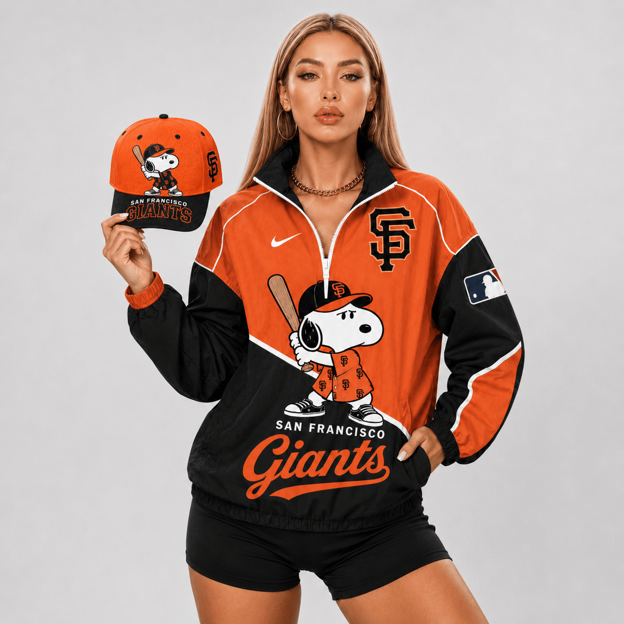 San Francisco Giants | Premium MLB Snoopy Clubhouse Swing V-neck Jacket And Cap Set