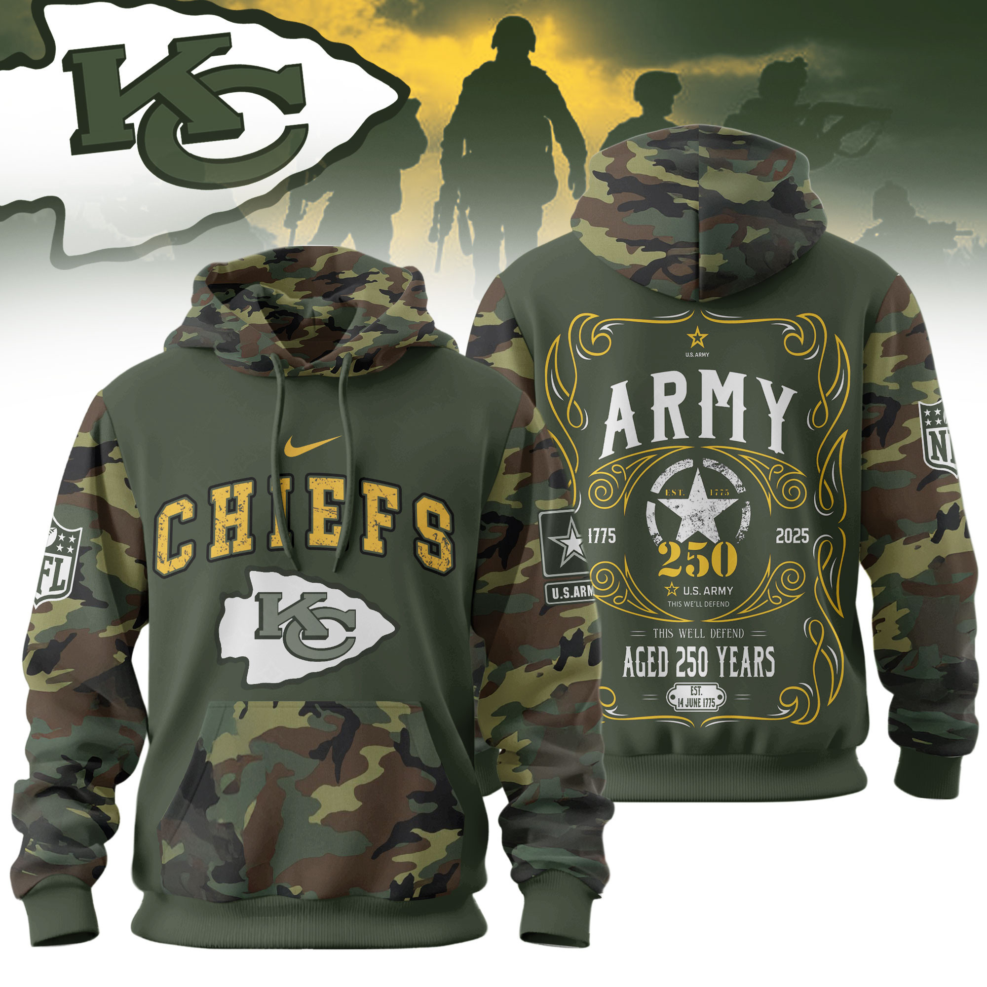Kansas City Chiefs | Premium NFL US Army 250th anniversary 3D Hoodie TD