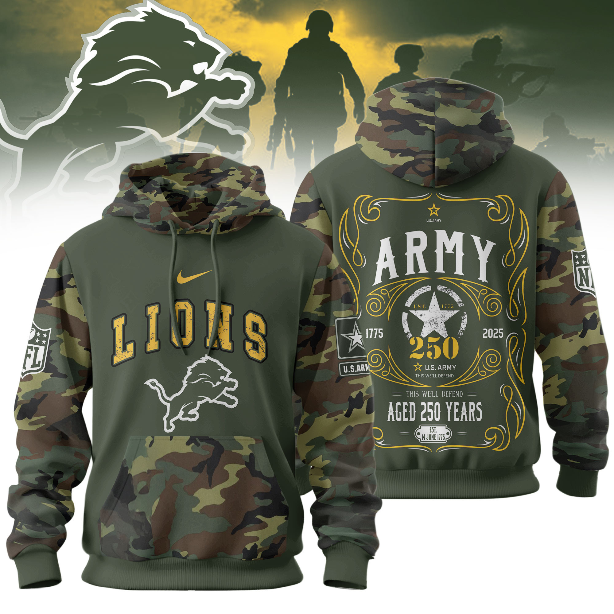 Detroit Lions | Premium NFL US Army 250th anniversary 3D Hoodie TD