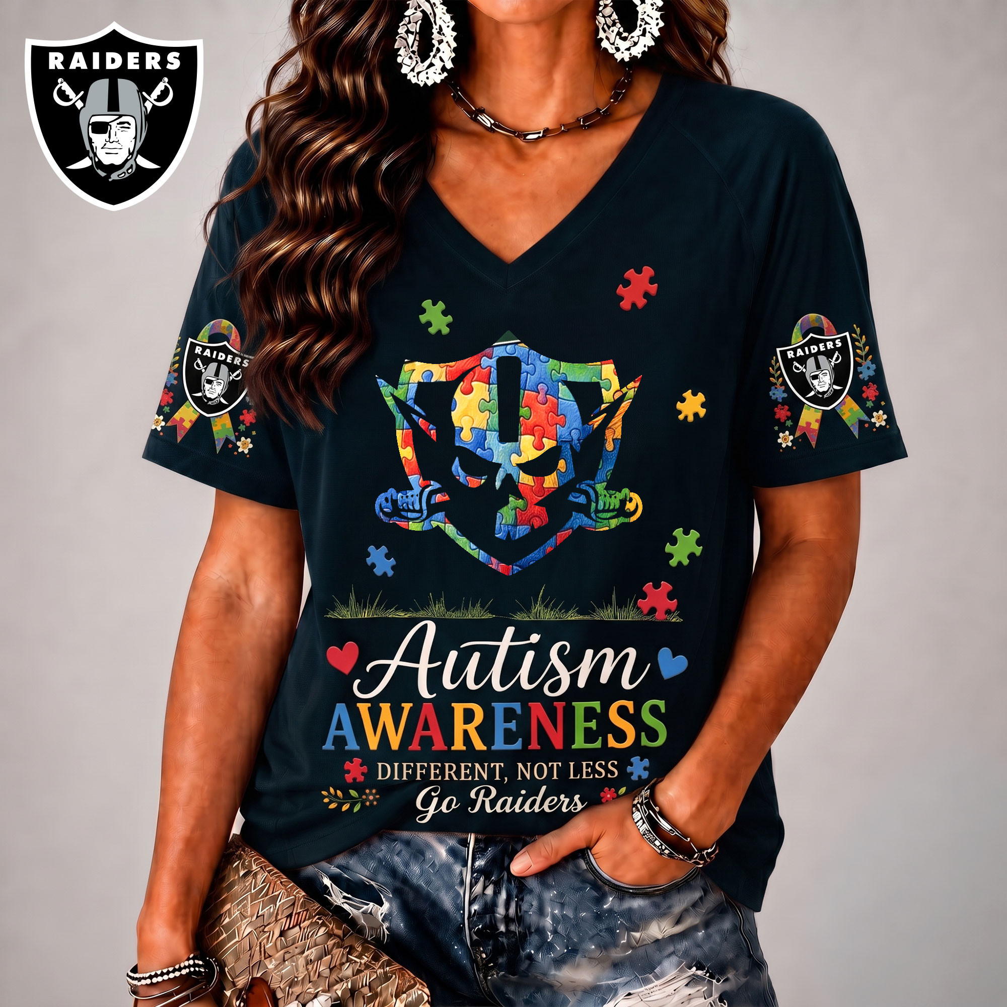 Las Vegas Raiders| Premium NFL Different, Not Less Autism Awareness V-neck Shirt NY