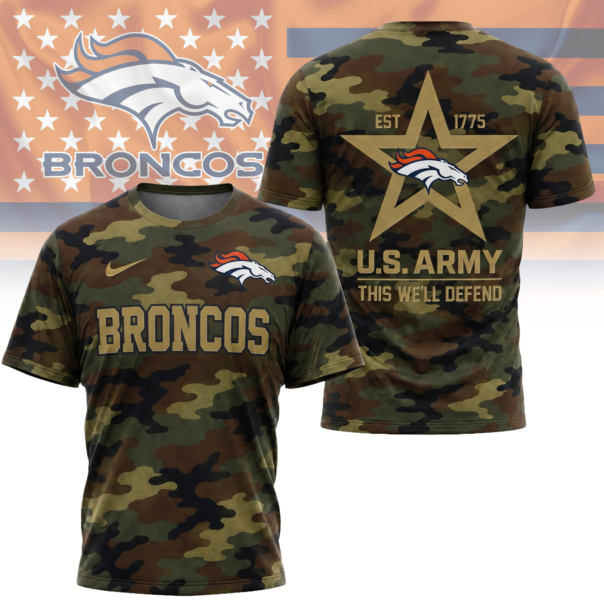 Denver Broncos | Premium NFL U.S. Army Camo 3D Shirt NY
