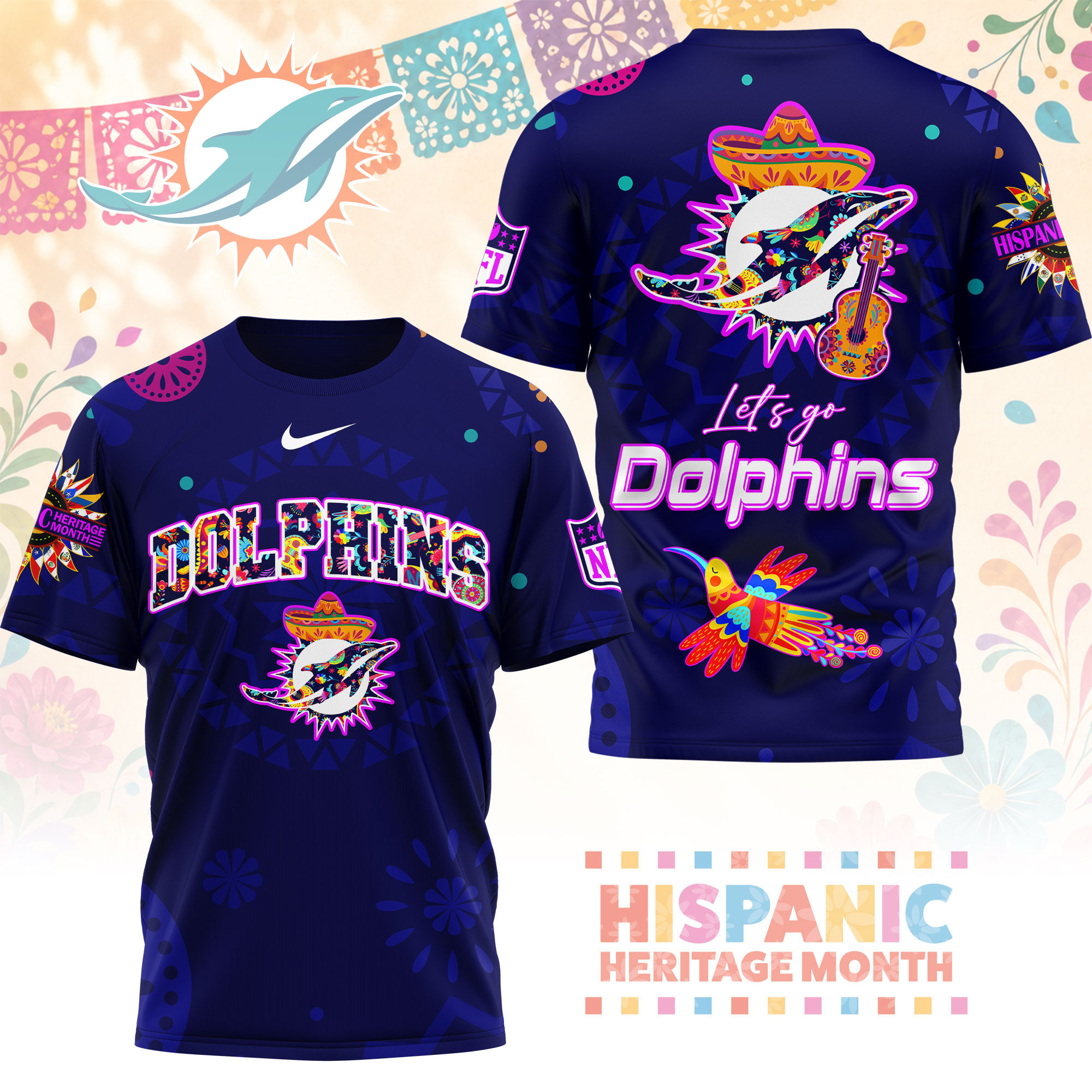 Miami Dolphins | Premium NFL Hispanic Heritage Fiesta 3D Shirt NY