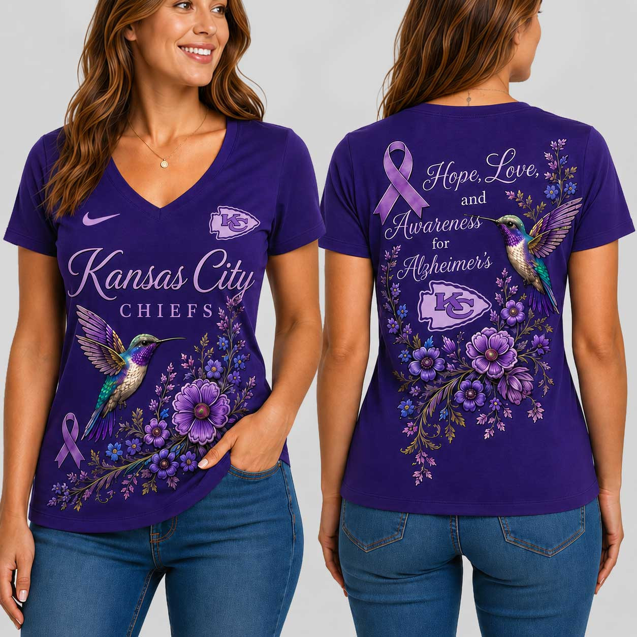 Kansas City Chiefs | Premium NFL Alzheimer’s Awareness Month V-neck Shirt