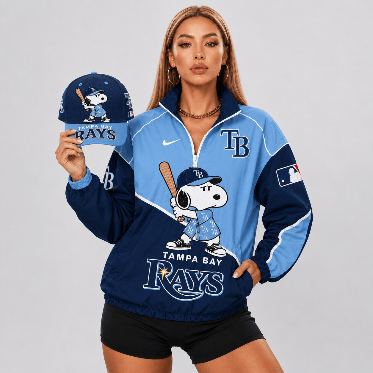 Tampa Bay Rays | Premium MLB Snoopy Clubhouse Swing V-neck Jacket And Cap Set