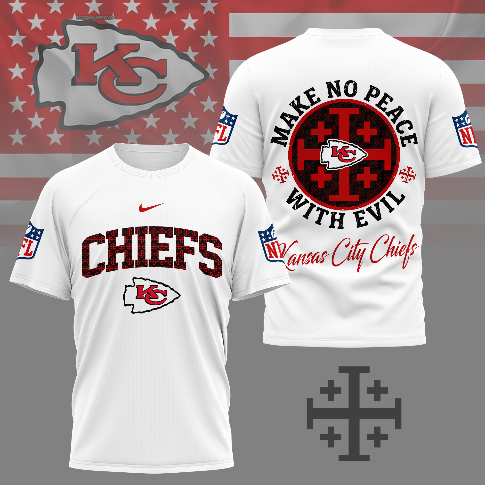 Kansas City Chiefs | Premium NFL Make No Peace With Evil Jerusalem Cross 3D Shirt NY