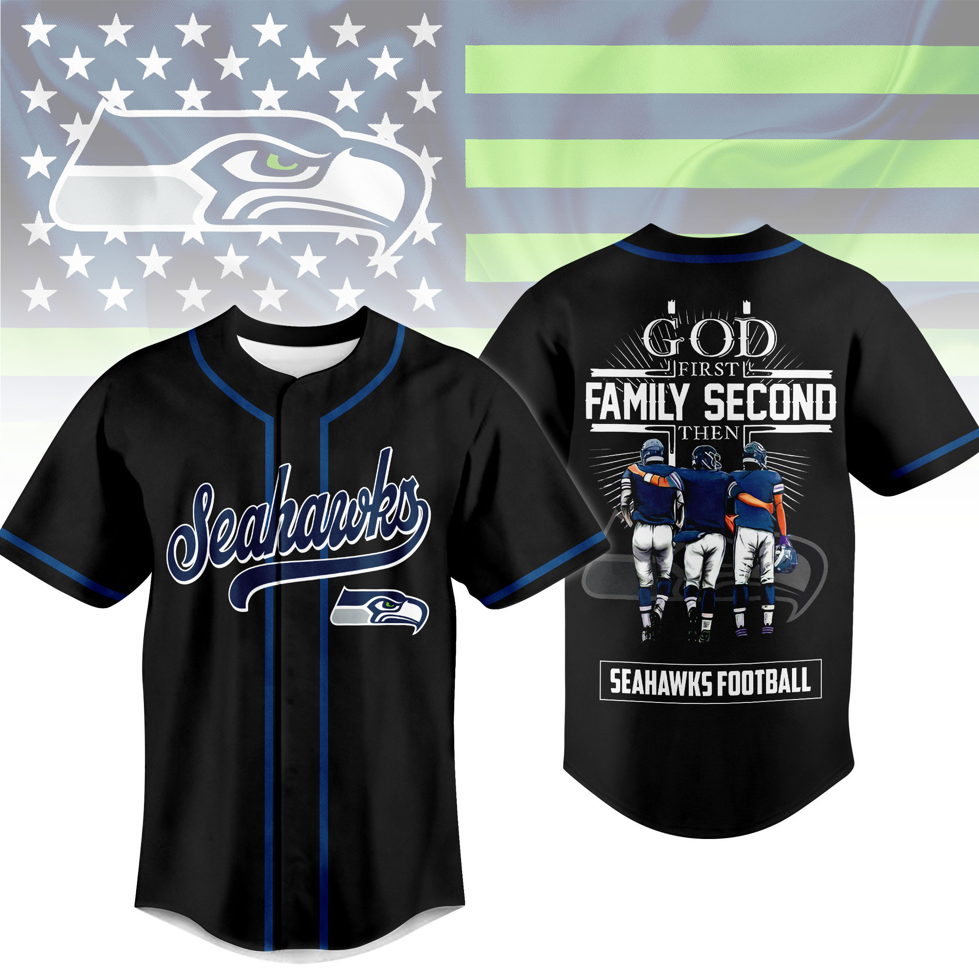 Seattle Seahawks | Premium NFL God First, Family Second – Faith & Brotherhood Football Jersey NTH1