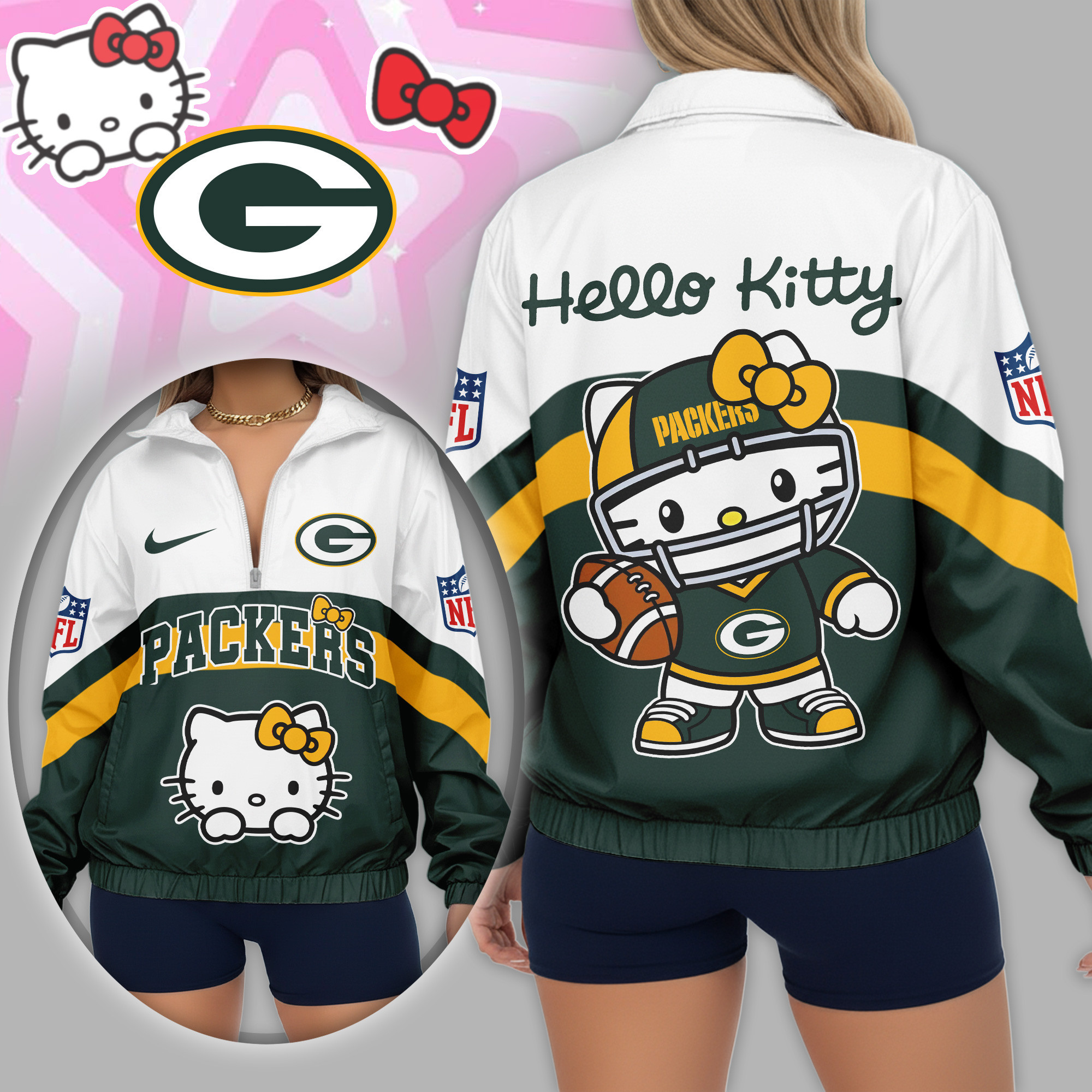 Green Bay Packers | Premium NFL Hello Kitty V-neck Zipper TD