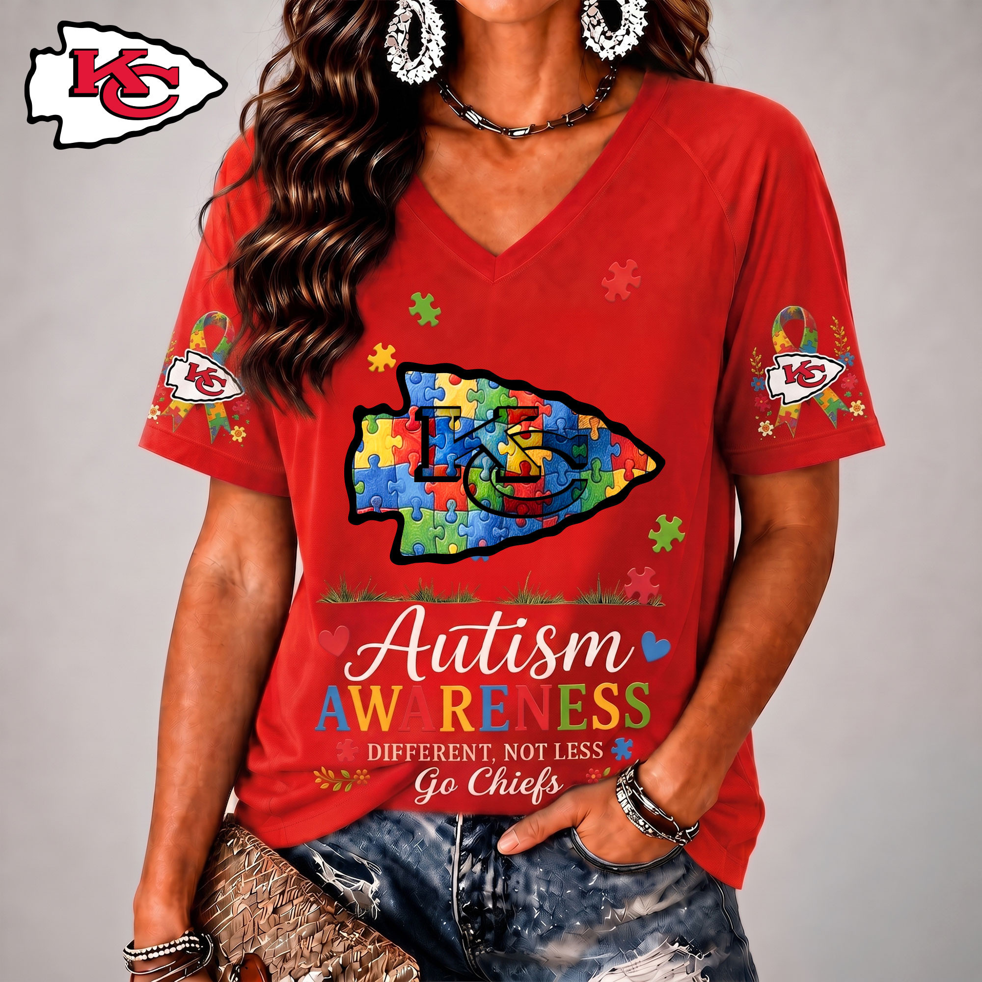 Kansas City Chiefs| Premium NFL Different, Not Less Autism Awareness V-neck Shirt NY