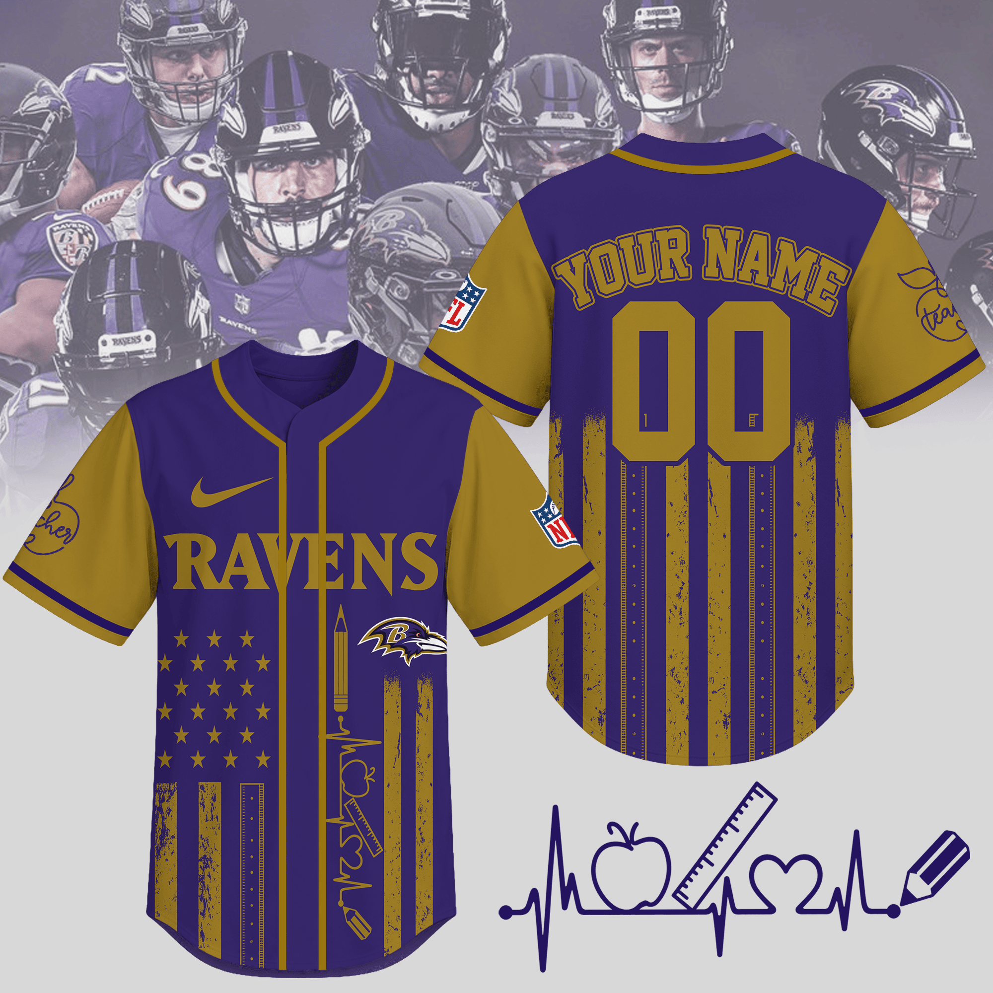 Baltimore Ravens | Premium NFL Personalized Teacher Heartbeat Jersey NTH1