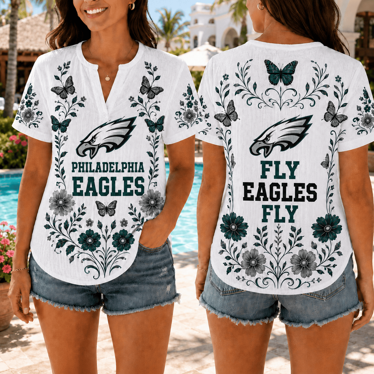 Philadelphia Eagles | Premium NFL Butterfly Game Day Women’s Summer Linen Shirt TD