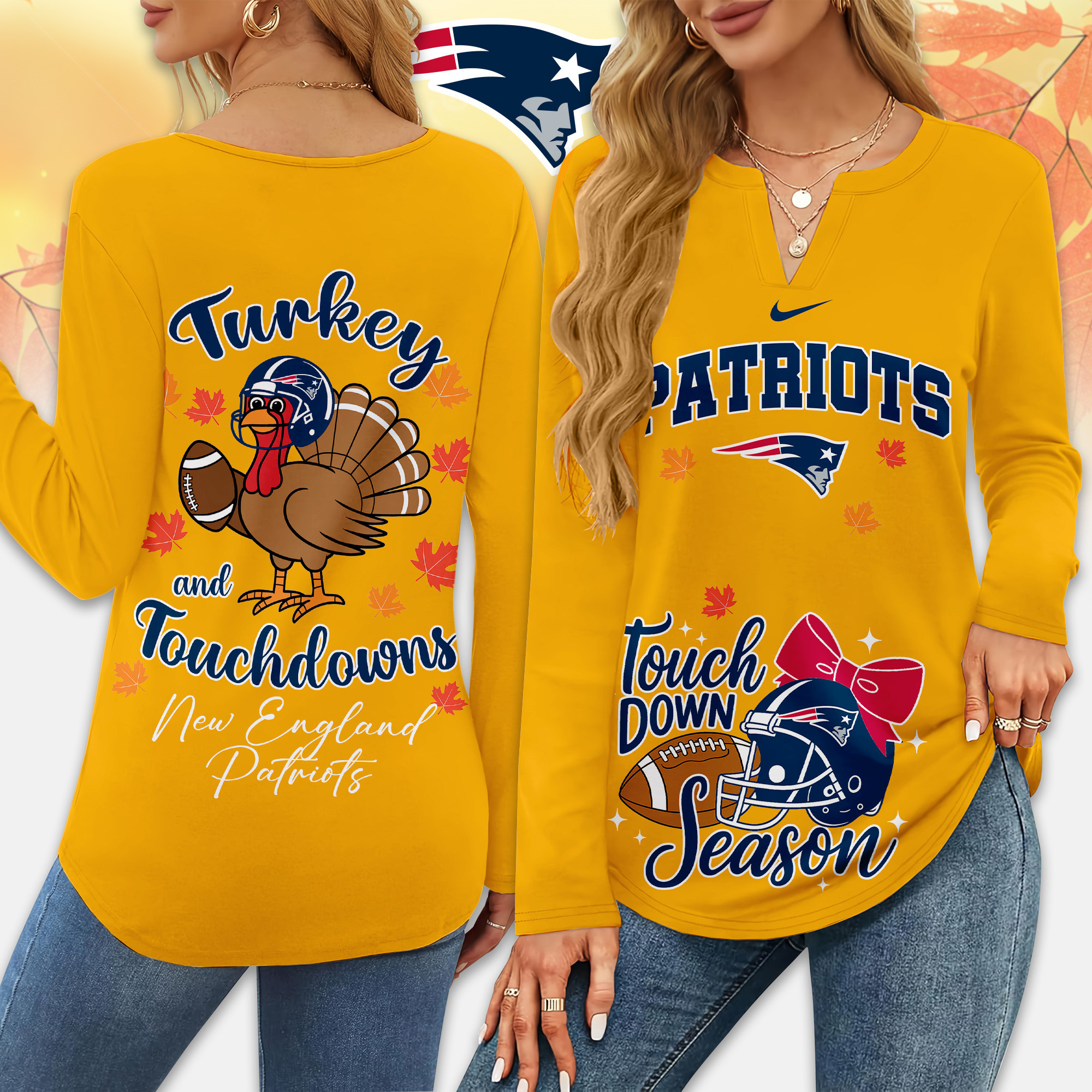 New England Patriots | Premium NFL Turkey and Touchdowns V-neck Long Sleeve Shirt TD