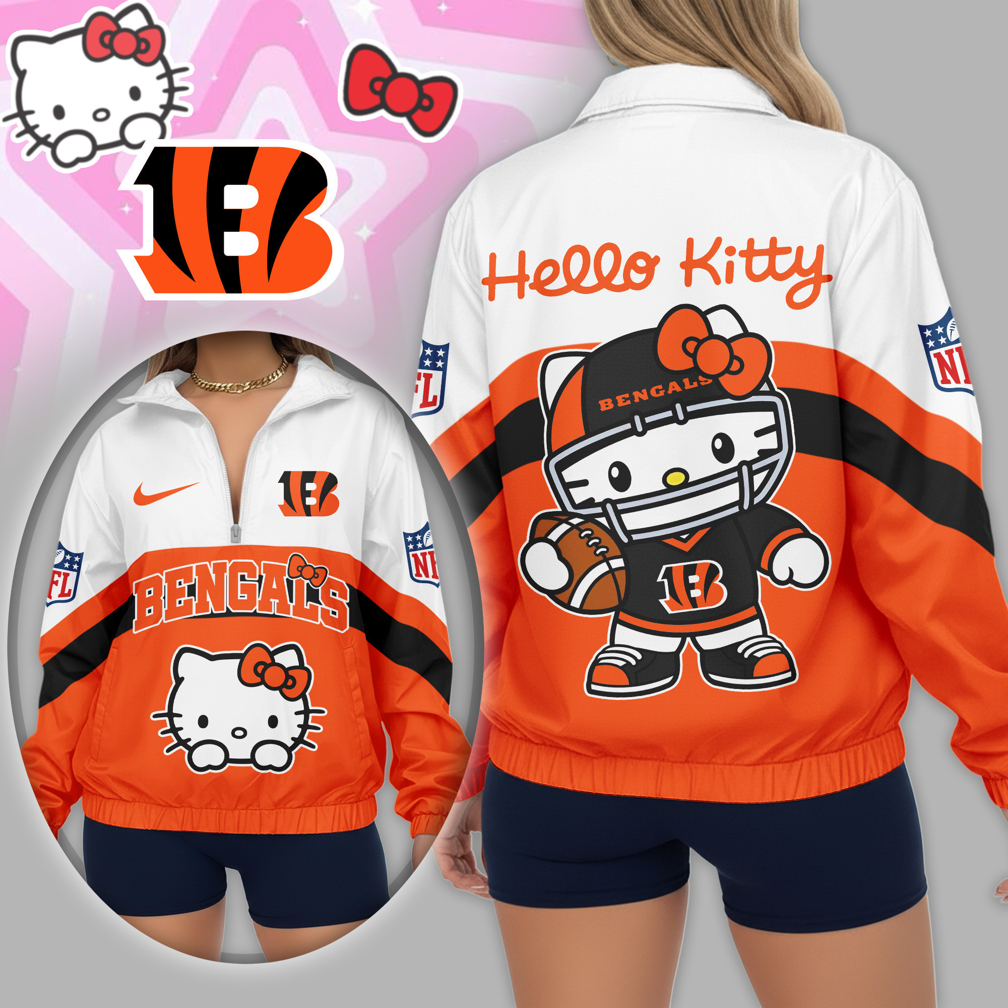 Cincinnati Bengals | Premium NFL Hello Kitty V-neck Zipper TD
