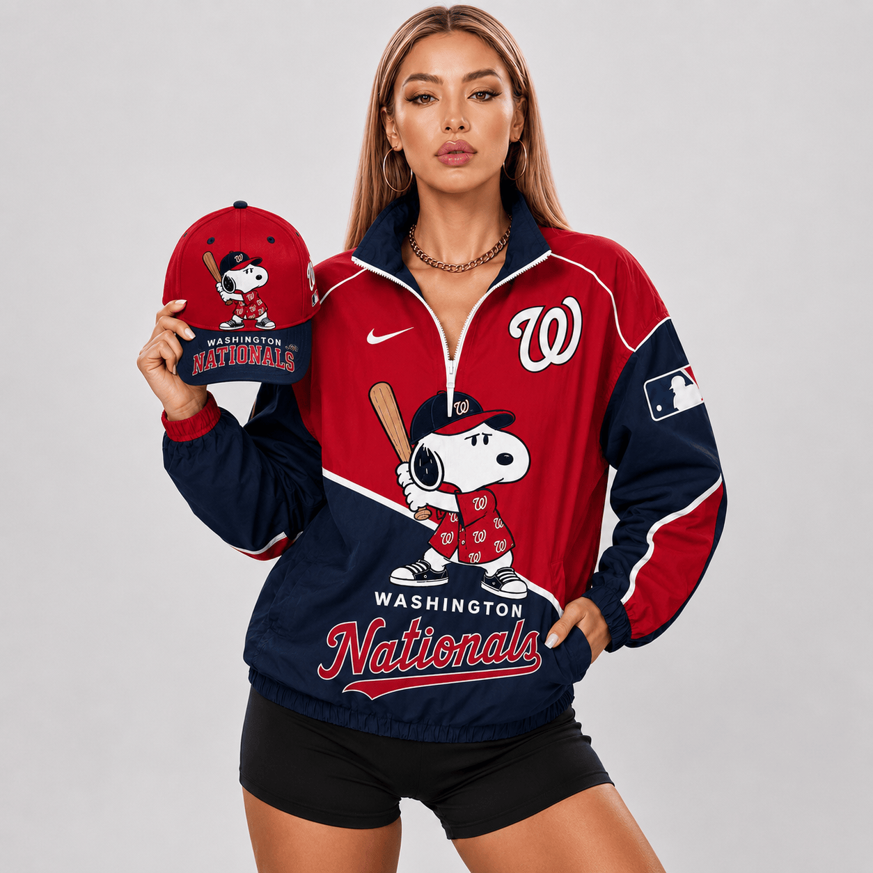 Washington Nationals | Premium MLB Snoopy Clubhouse Swing V-neck Jacket And Cap Set