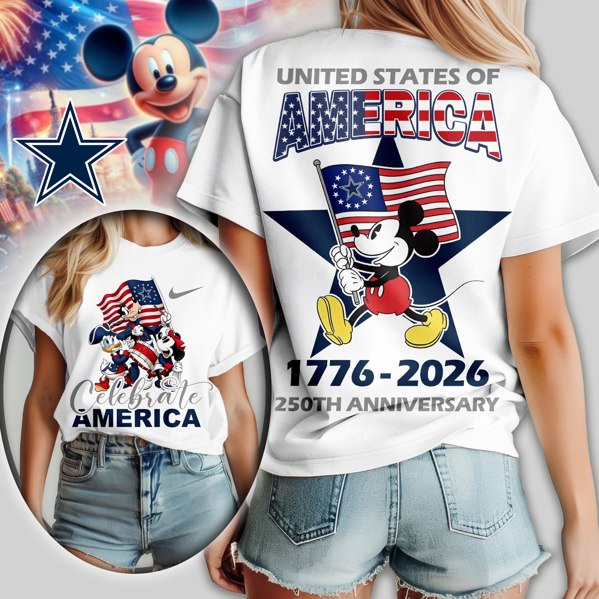Dallas Cowboys | Premium NFL Mickey Celebrate America Women Shirt TD