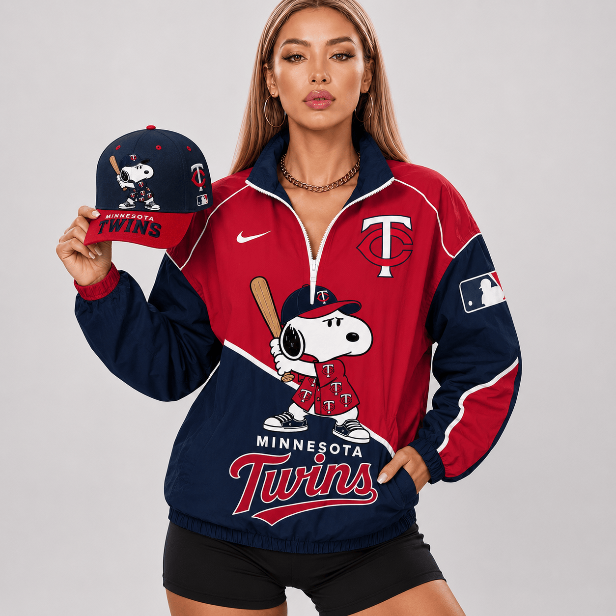 Minnesota Twins | Premium MLB Snoopy Clubhouse Swing V-neck Jacket And Cap Set