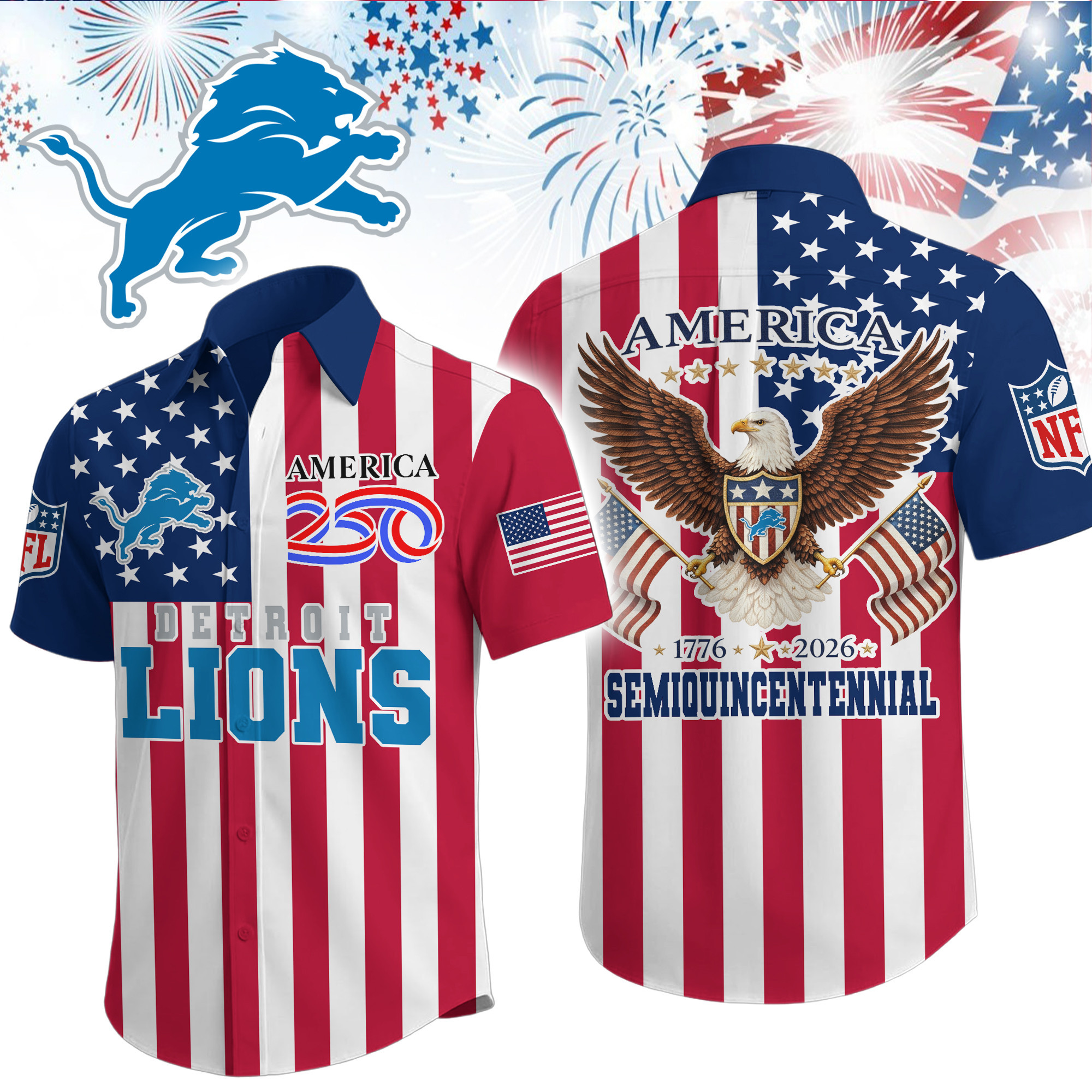 Detroit Lions | Premium NFL Liberty Eagle Patriotic Short-Sleeved Shirt TD