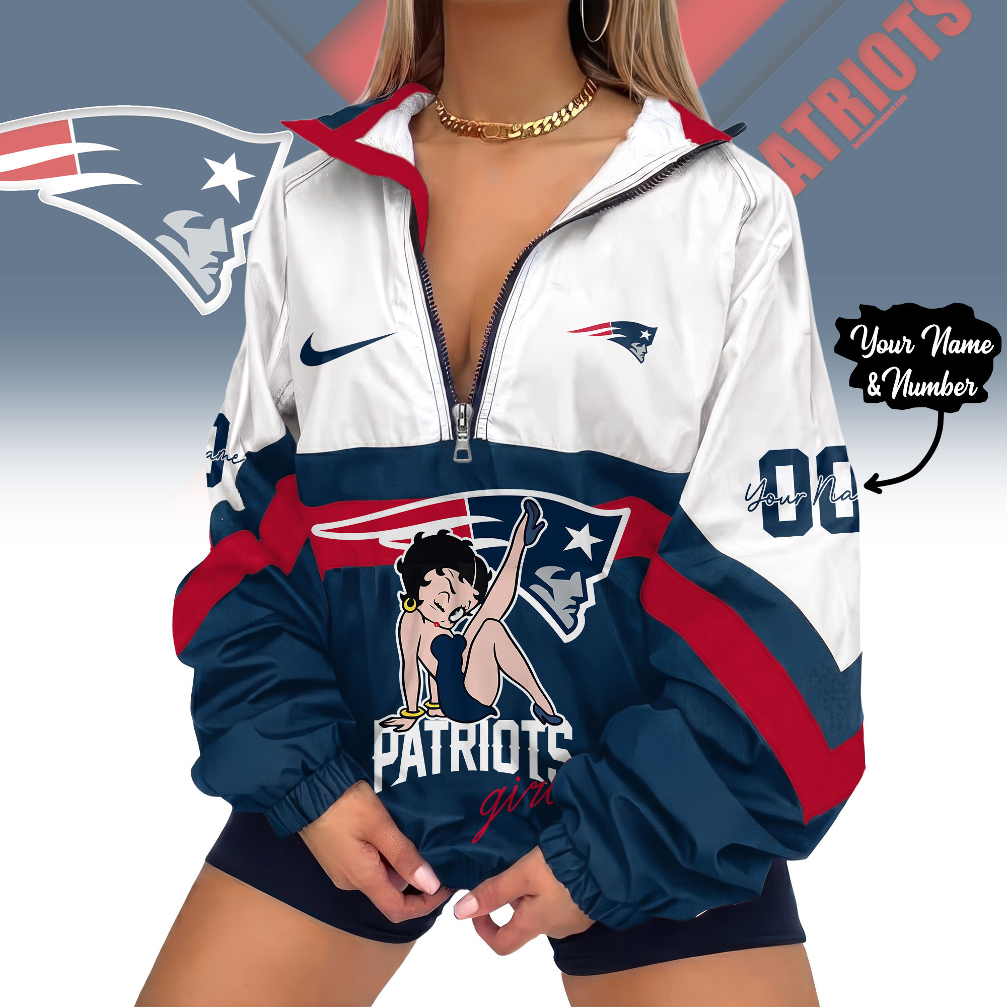 New England Patriots | Premium NFL Custom Game Day Girl Windbreaker V-Neck Zipper Sweatshirt Jackets NTH1
