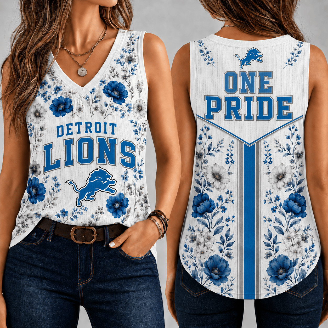 Detroit Lions | Premium NFL Floral Vintage Game Day Women’s V-Neck Tank Top TD