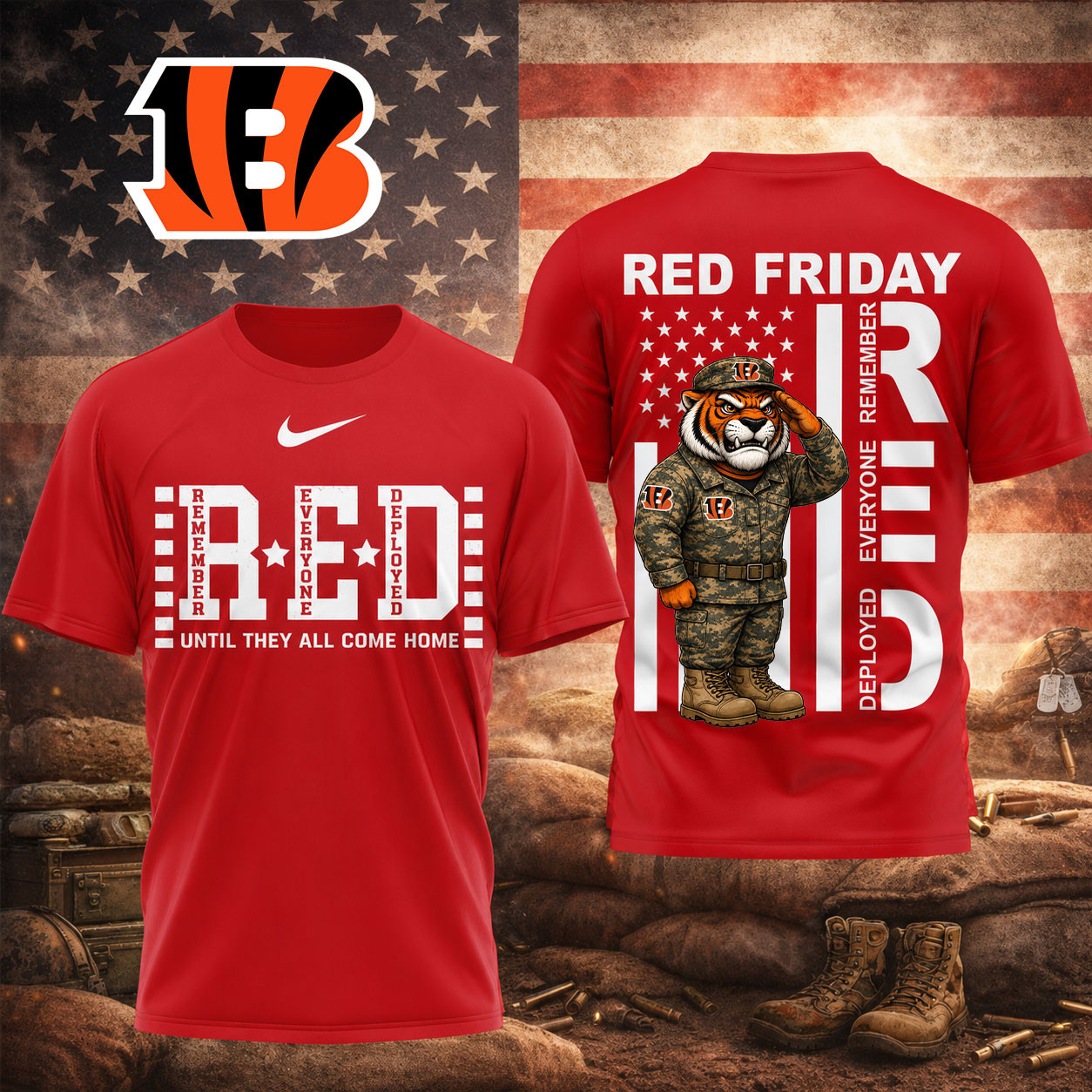 Cincinnati Bengals | Premium NFL Red Friday Remember Everyone Deployed Veteran Tribute T-Shirt TD