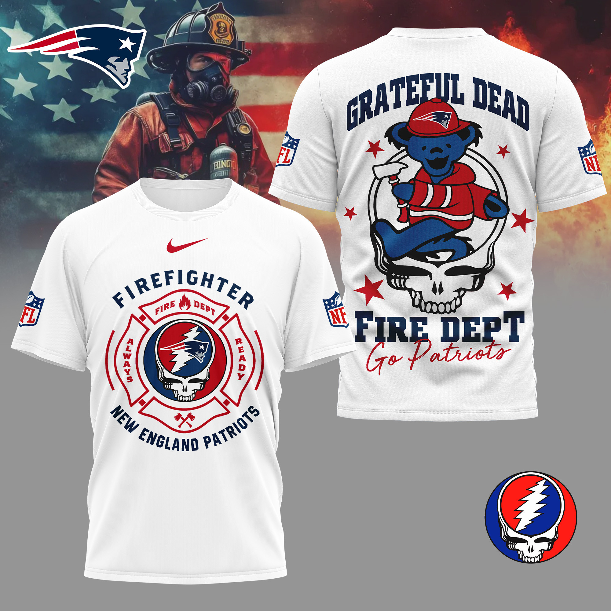 New England Patriots | Premium NFL Grateful Dead Firefighter 3D Shirt NY