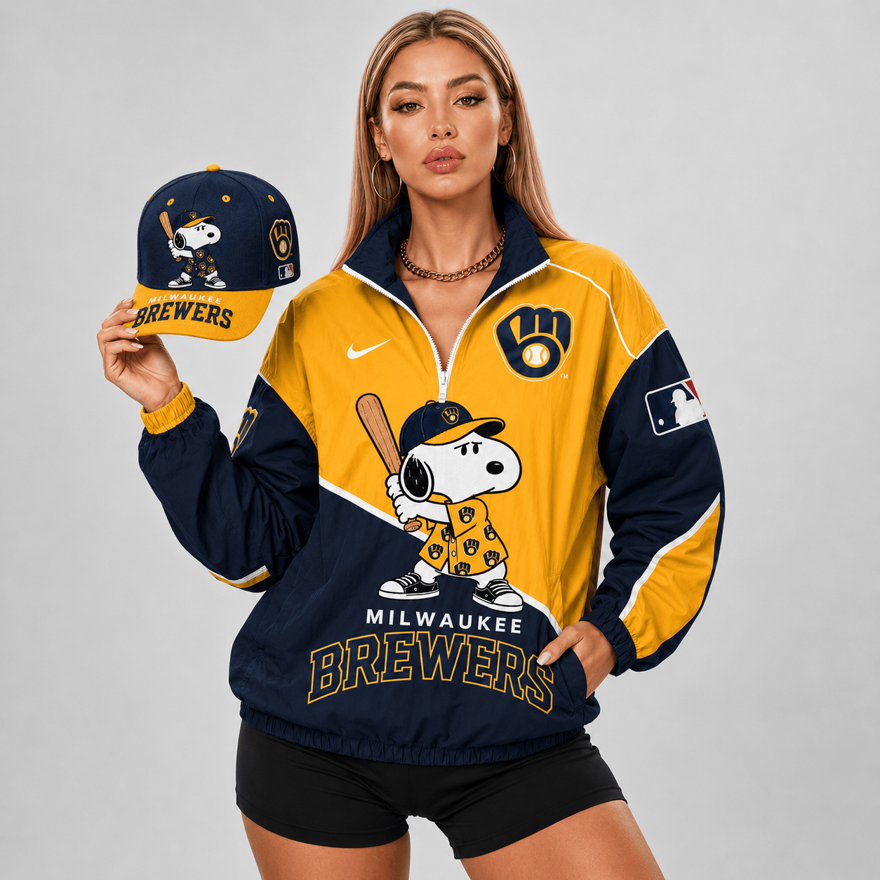 Milwaukee Brewers | Premium MLB Snoopy Clubhouse Swing V-neck Jacket And Cap Set
