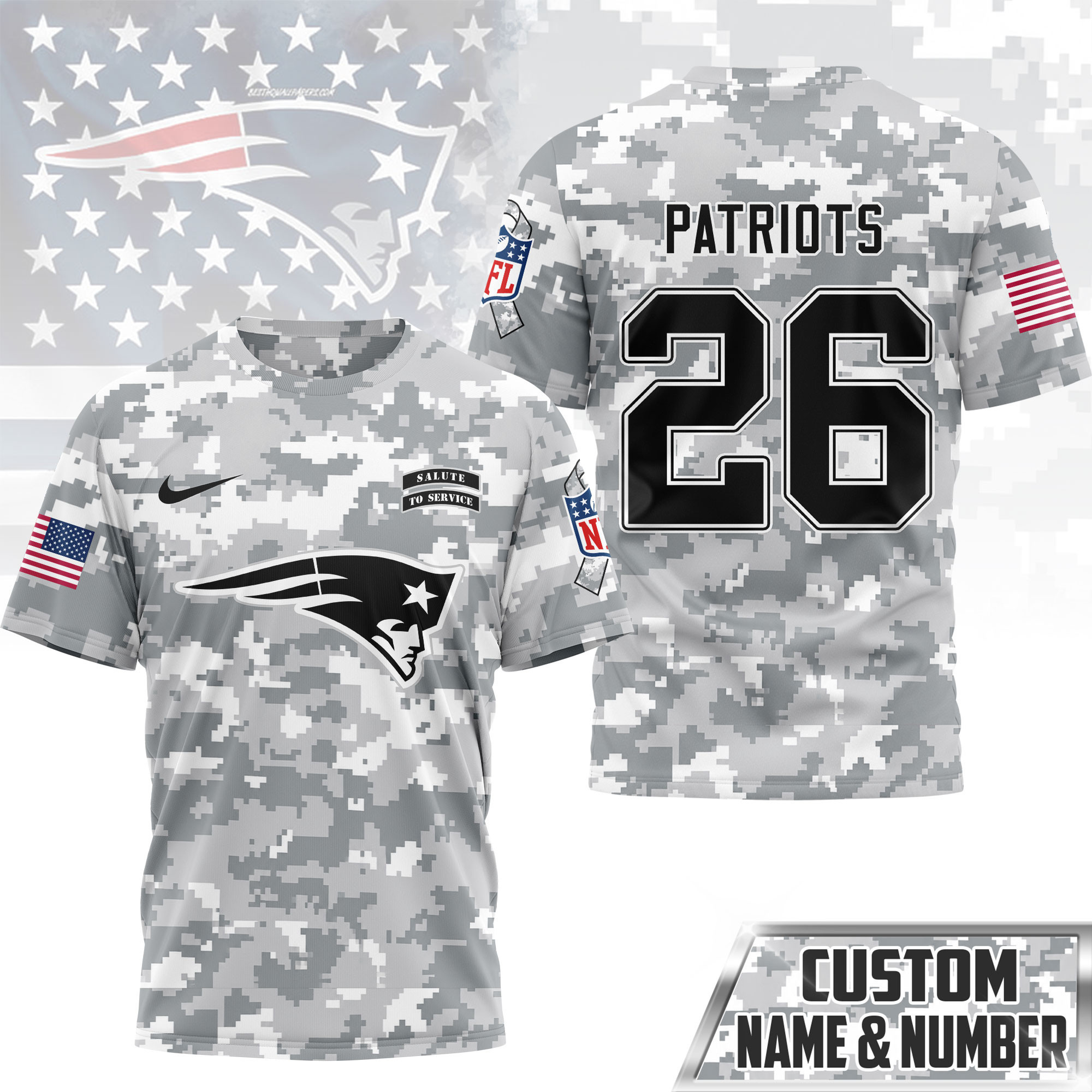 New England Patriots | Premium NFL Salute to Service Custom Name & Number Camo 3D Shirt NY