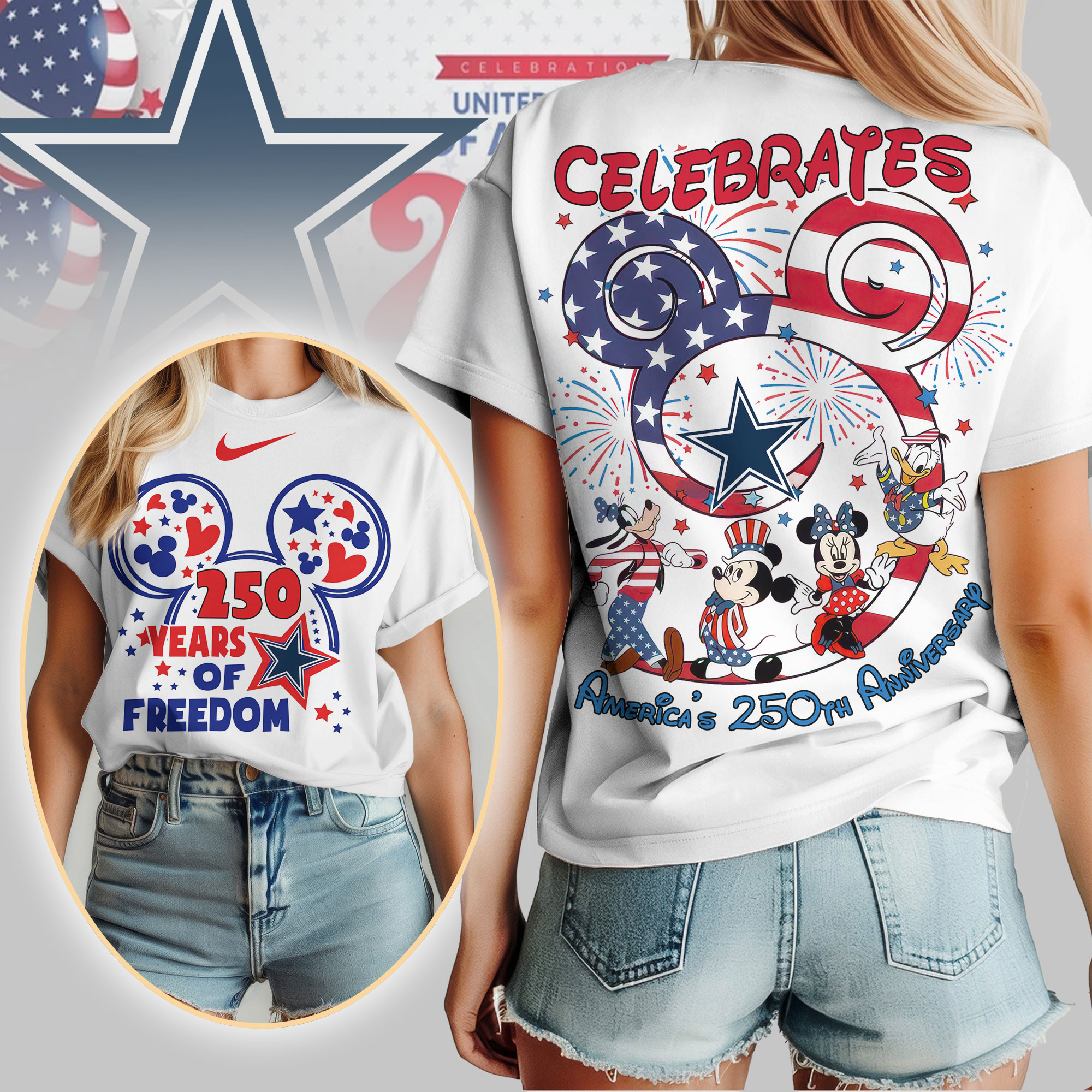 Dallas Cowboys | Premium NFL Mickey Celebrates America 250th Anniversary Women Shirt TD