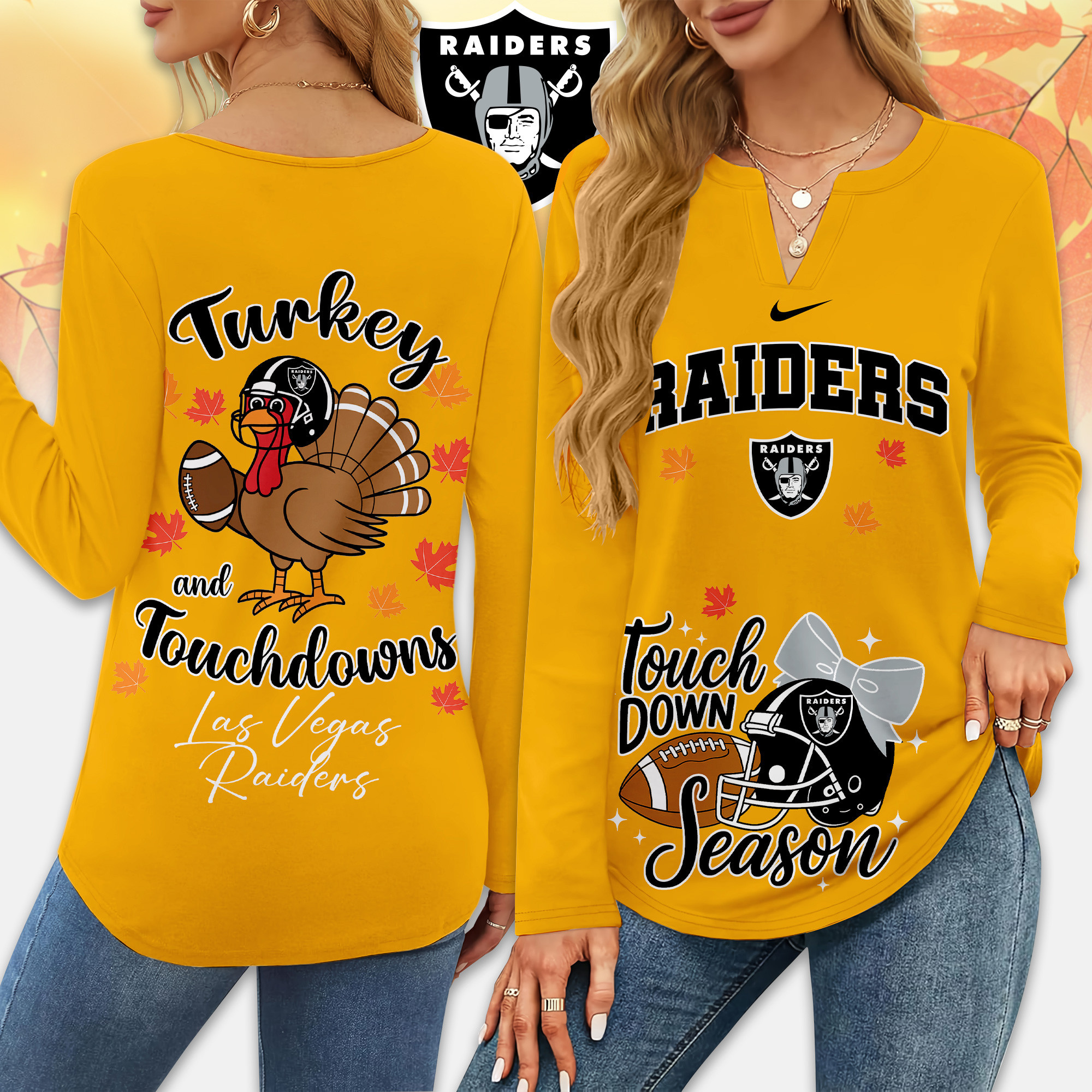 Las Vegas Raiders | Premium NFL Turkey and Touchdowns V-neck Long Sleeve Shirt TD