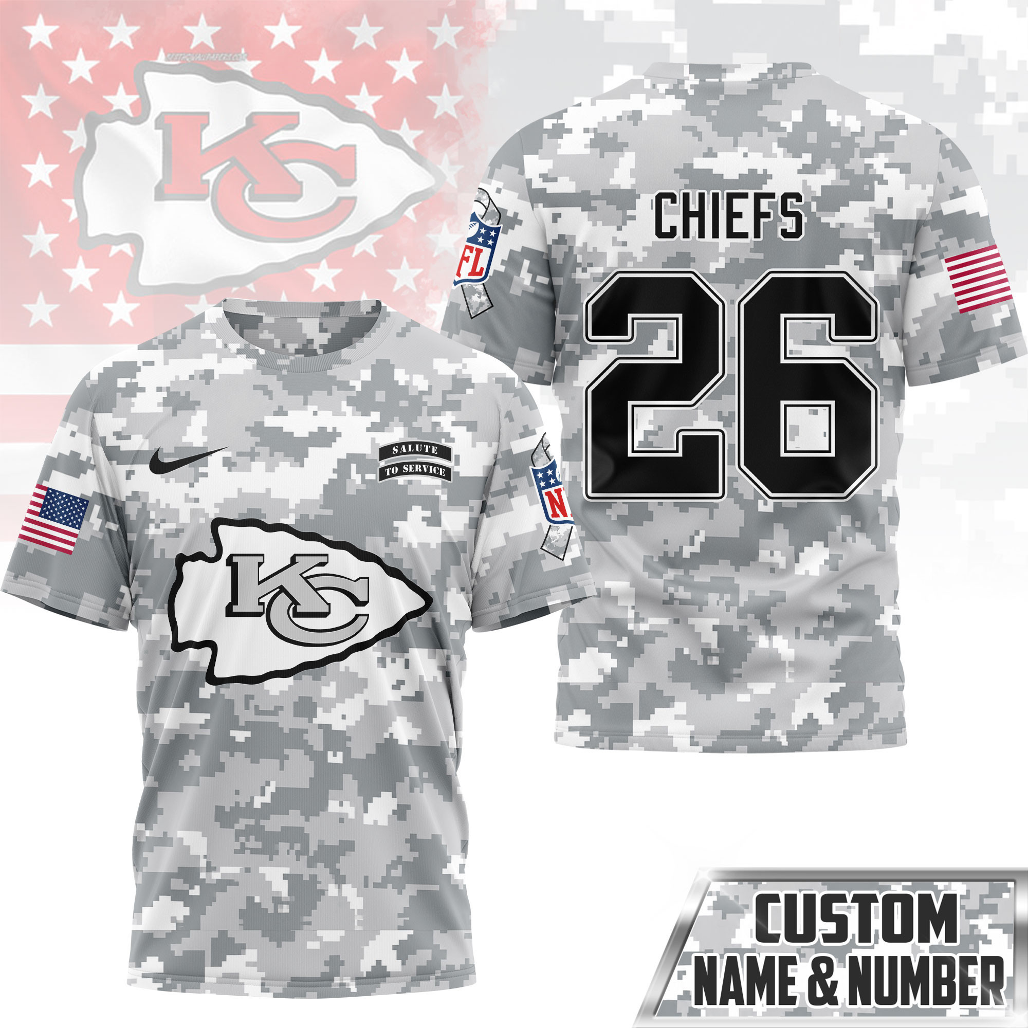 Kansas City Chiefs | Premium NFL Salute to Service Custom Name & Number Camo 3D Shirt NY