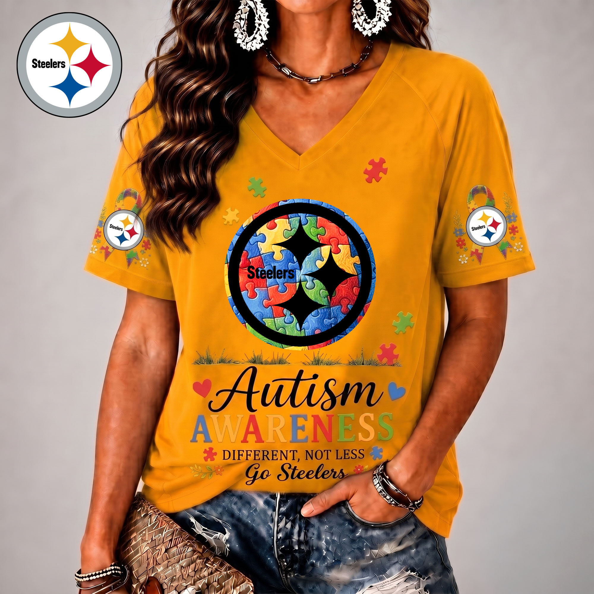 Pittsburgh Steelers| Premium NFL Different, Not Less Autism Awareness V-neck Shirt NY