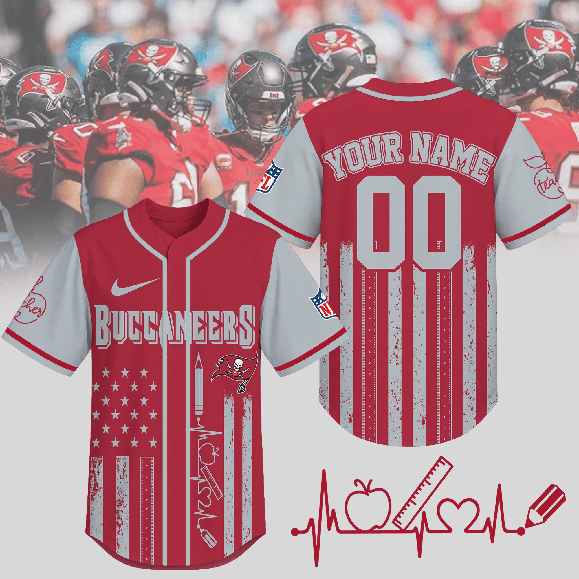 Tampa Bay Buccaneers | Premium NFL Personalized Teacher Heartbeat Jersey NTH1