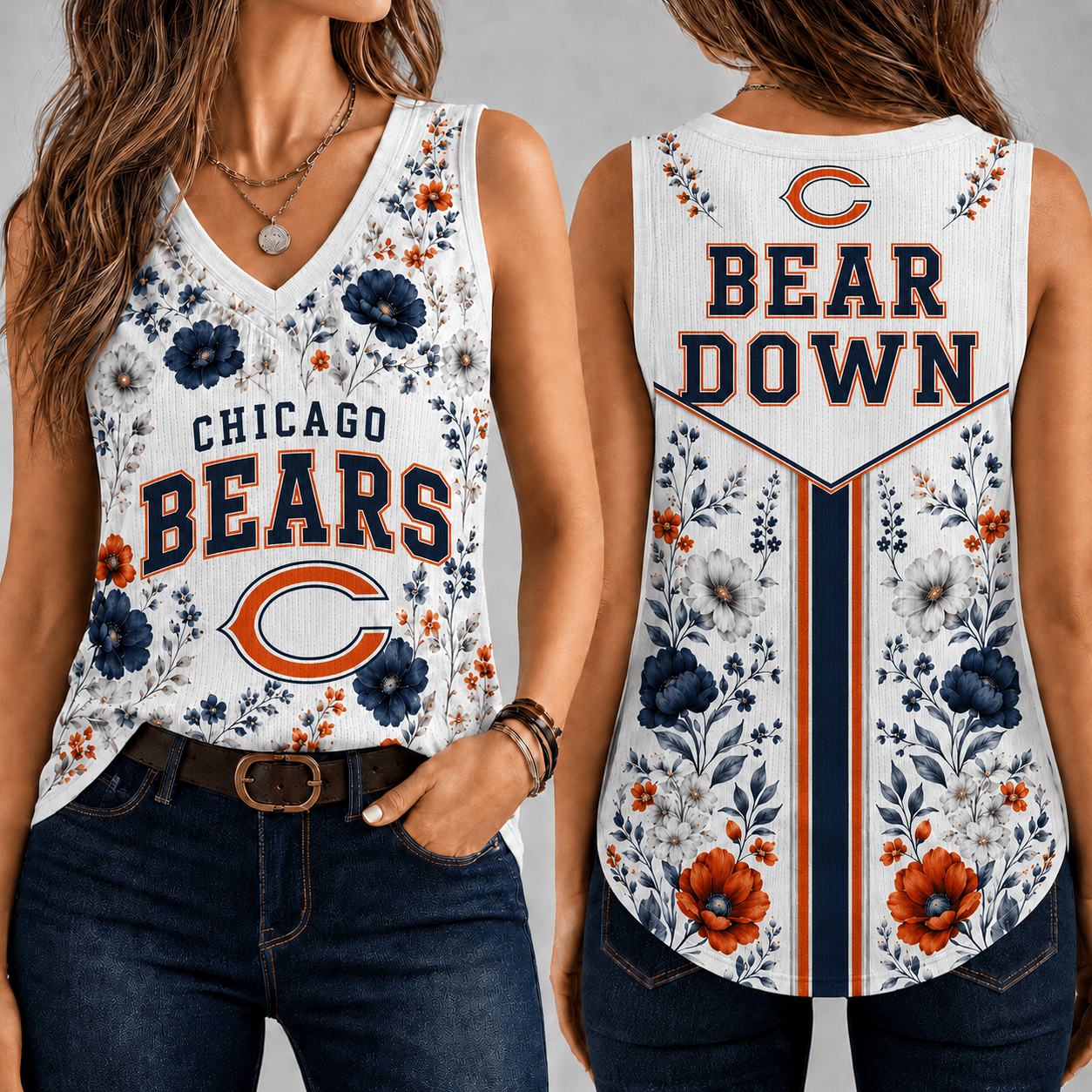 Chicago Bears | Premium NFL Floral Vintage Game Day Women’s V-Neck Tank Top TD