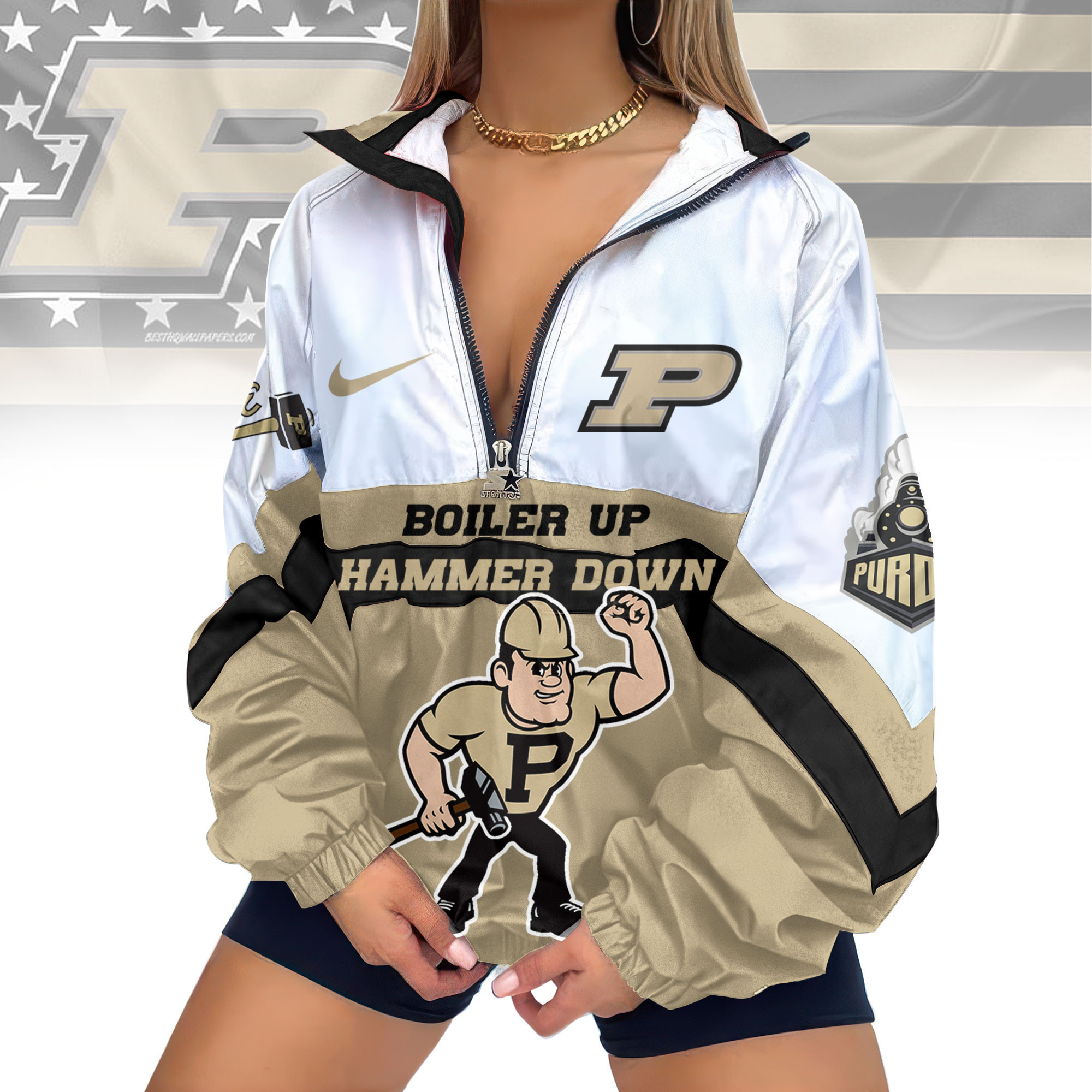 Purdue Boilermakers | Premium Women's Printed V-Neck Zipper Sweatshirt Jackets TD