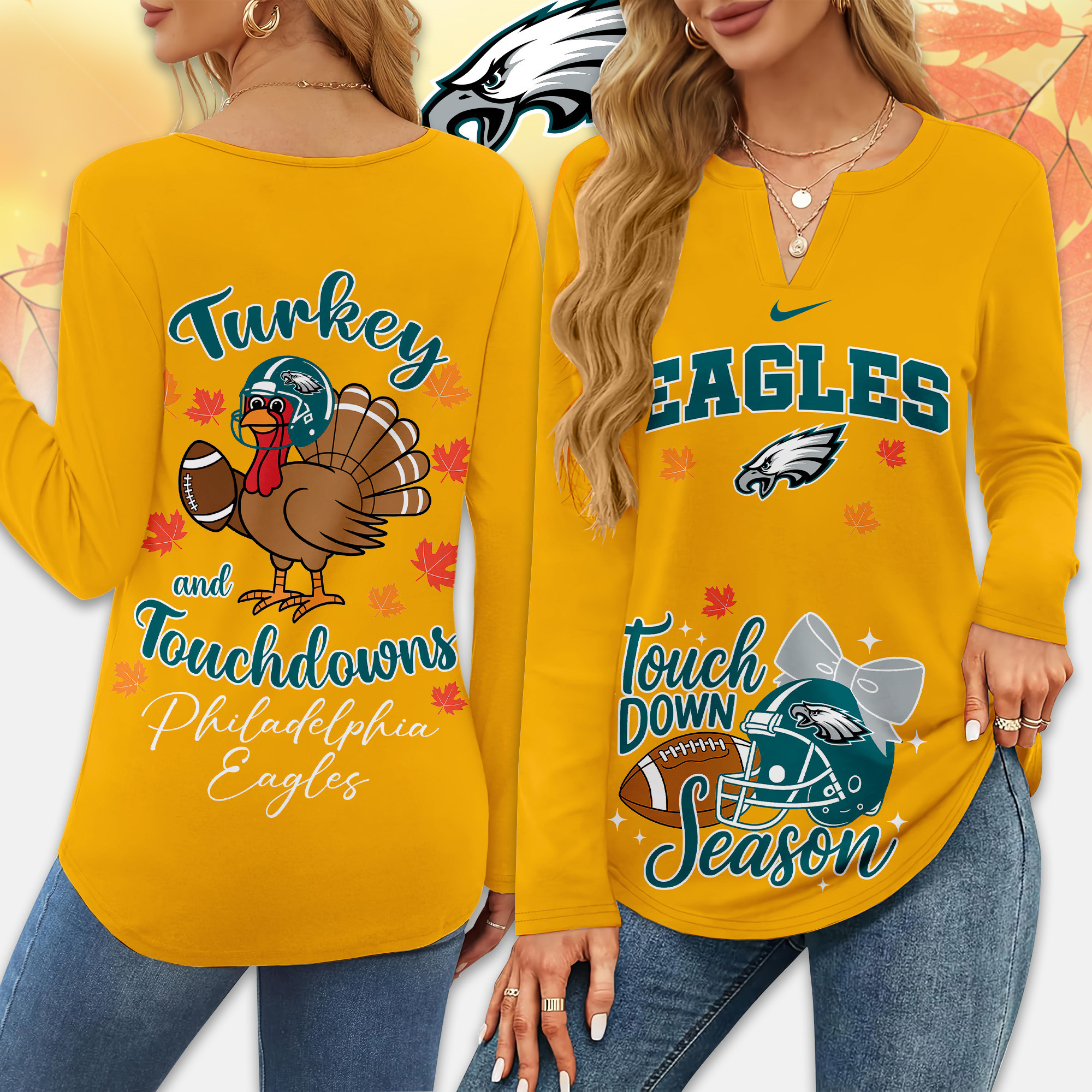 Philadelphia Eagles | Premium NFL Turkey and Touchdowns V-neck Long Sleeve Shirt TD