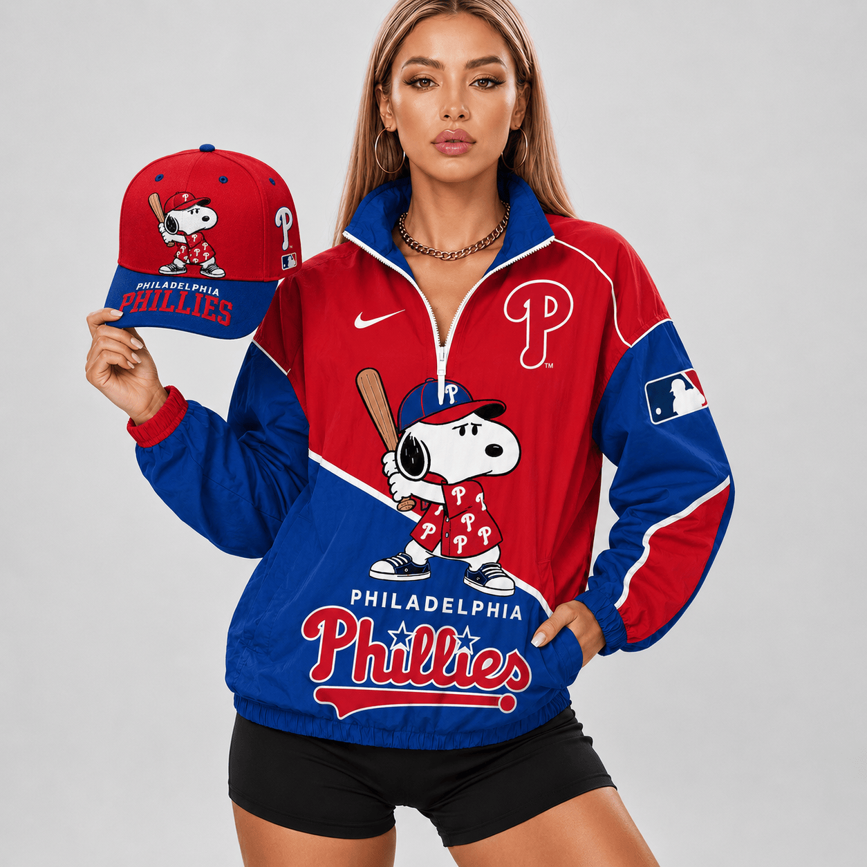 Philadelphia Phillies | Premium MLB Snoopy Clubhouse Swing V-neck Jacket And Cap Set