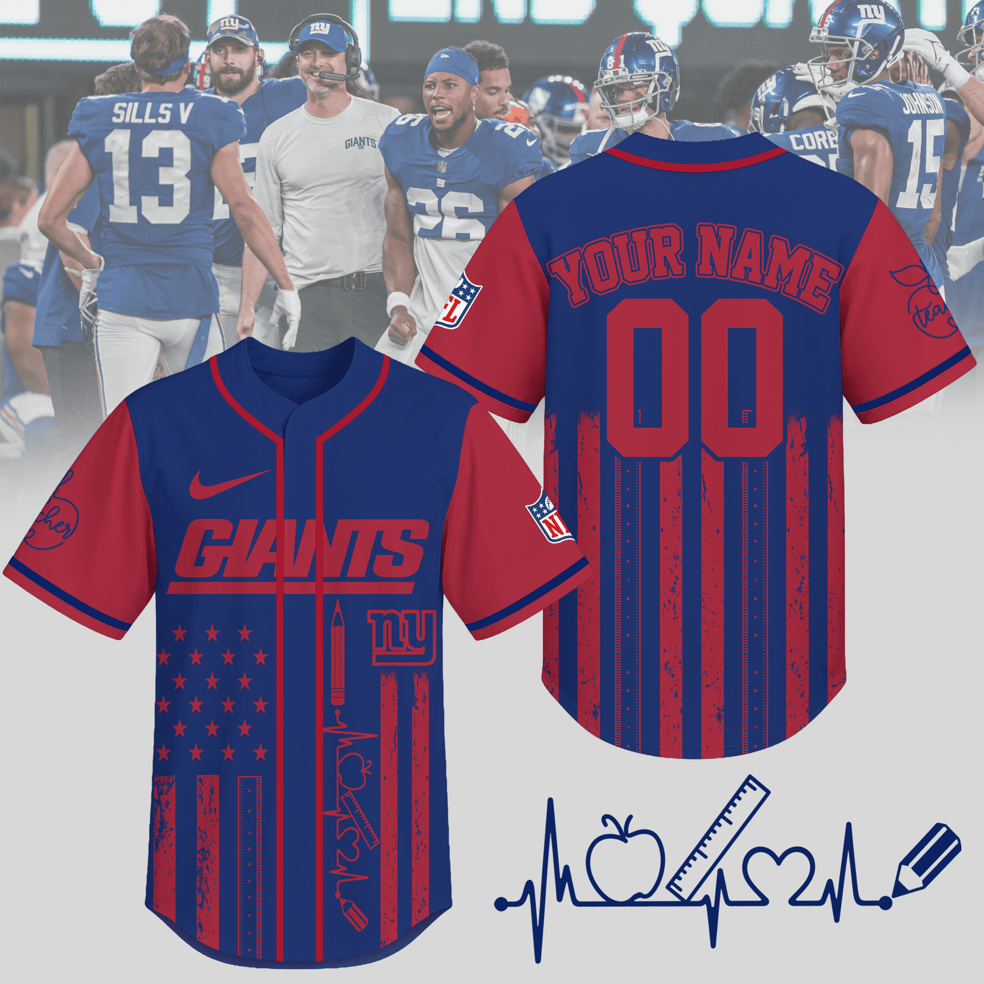 New York Giants | Premium NFL Personalized Teacher Heartbeat Jersey NTH1