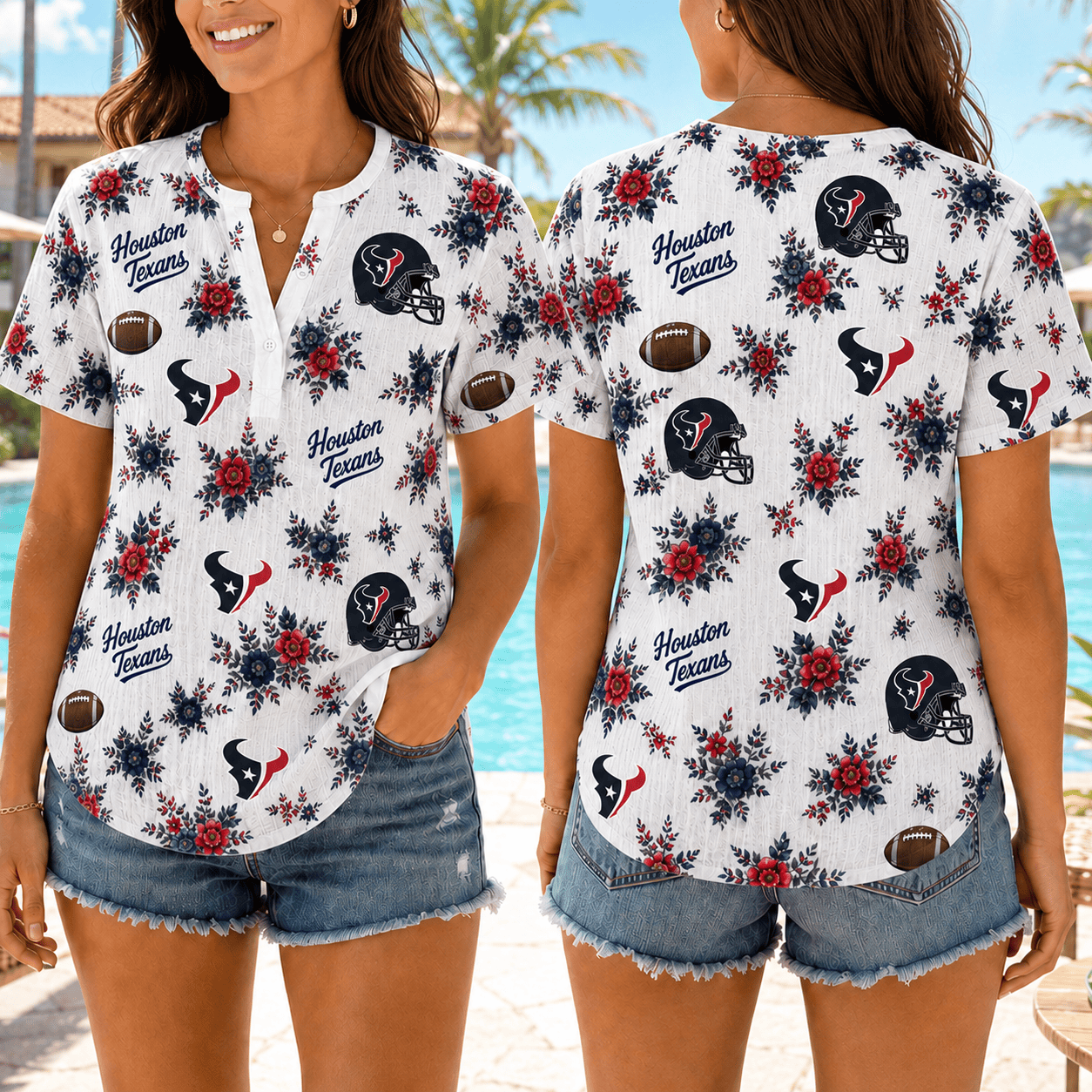 Houston Texans | Premium NFL Floral Football Women’s Summer Linen Shirt TD