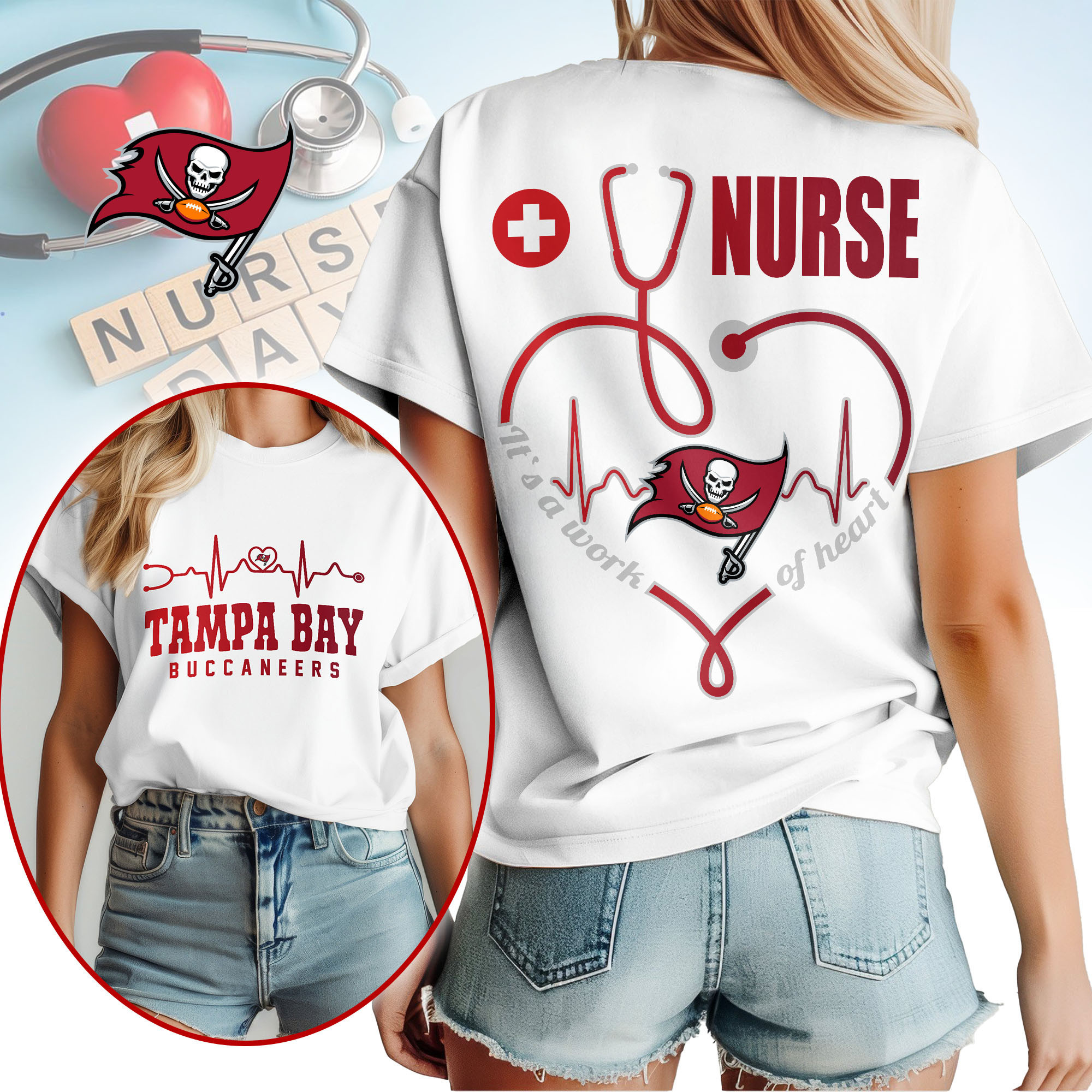 Tampa Bay Buccaneers | Premium NFL Nurse Heartbeat 3D T-Shirt NTH1