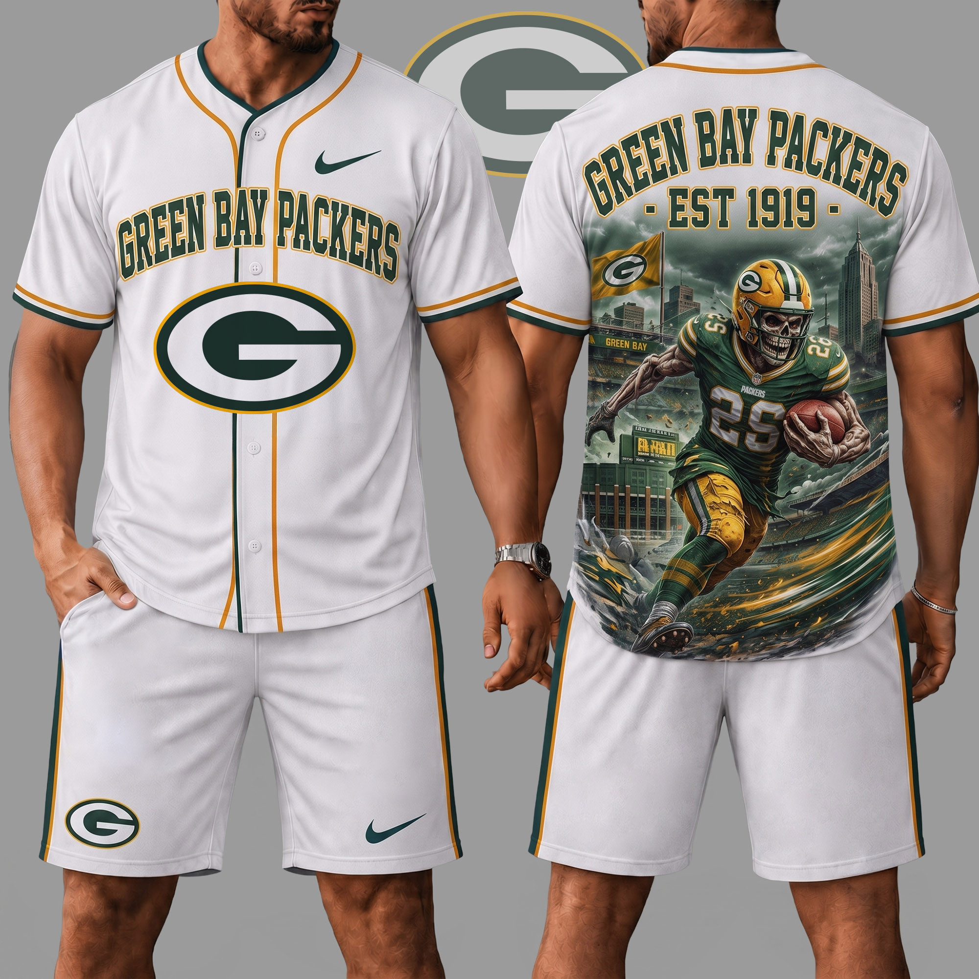 Green Bay Packers | Premium NFL Skull Jersey Shorts Set NY