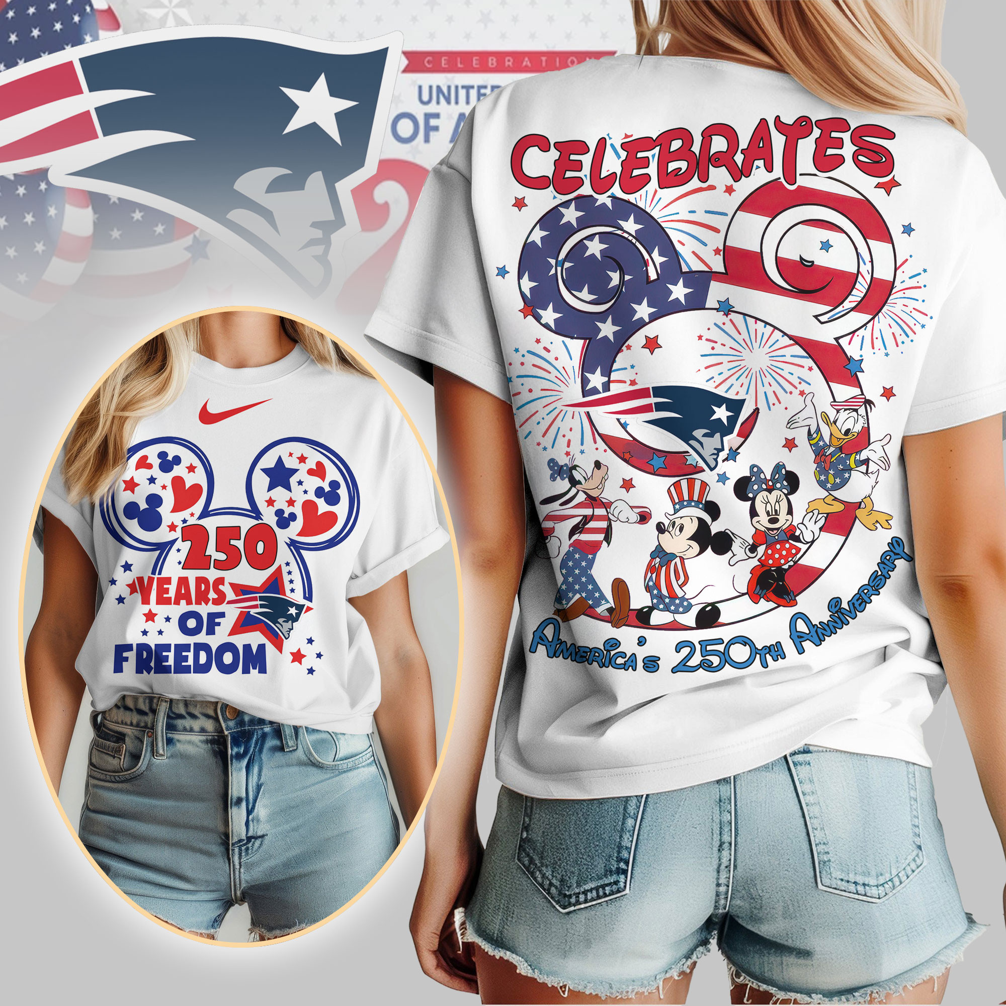 New England Patriots | Premium NFL Mickey Celebrates America 250th Anniversary Women Shirt TD