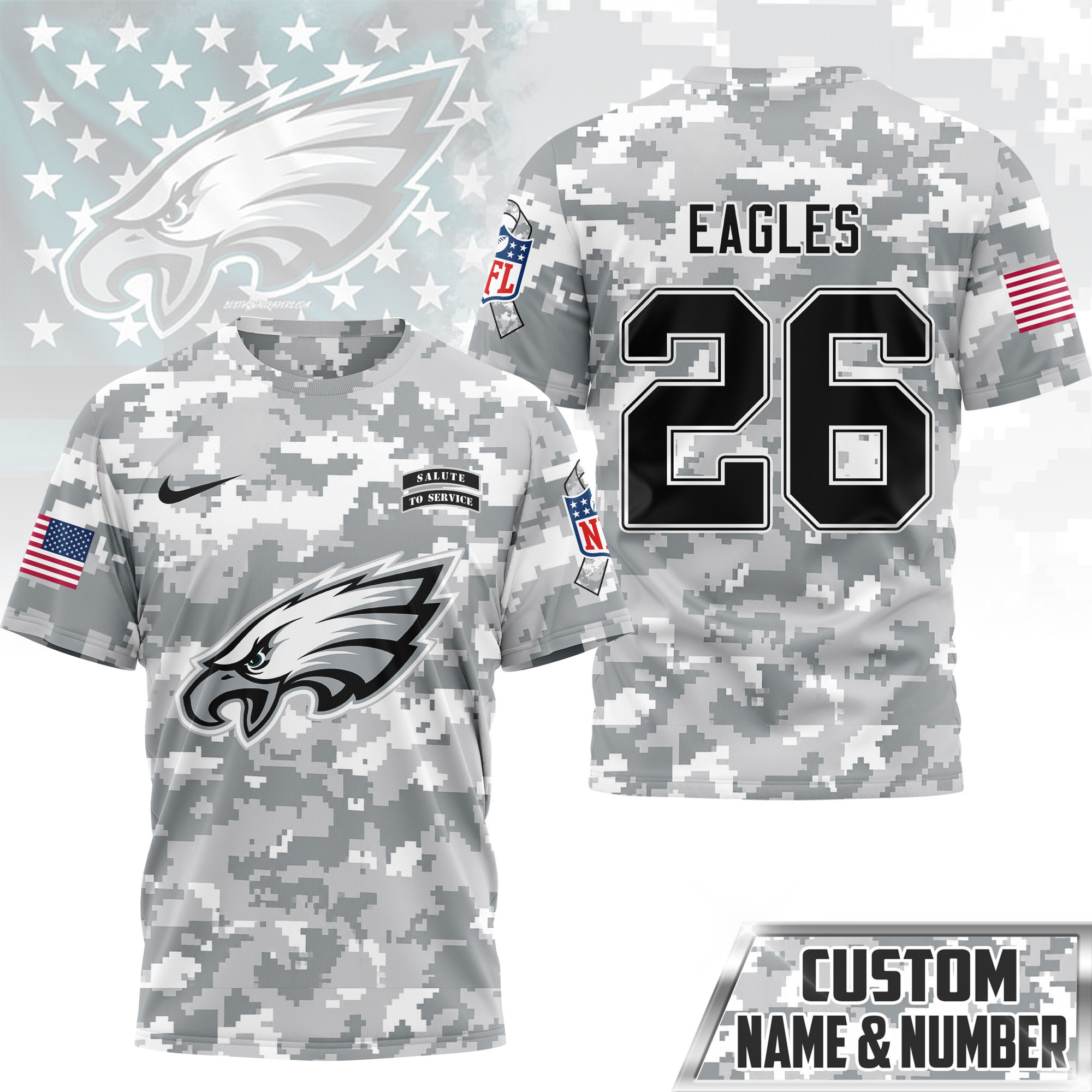 Philadelphia Eagles | Premium NFL Salute to Service Custom Name & Number Camo 3D Shirt NY