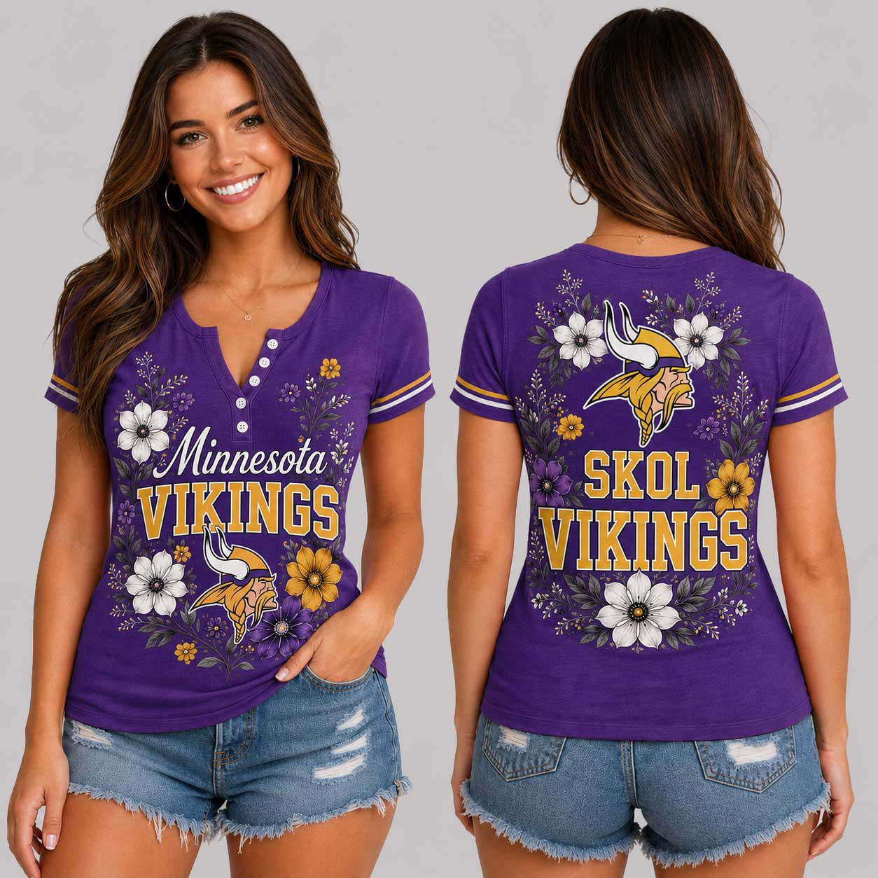 Minnesota Vikings | Premium NFL Team Pride Elegant Game Day Women’s Button V-Neck Shirt TD