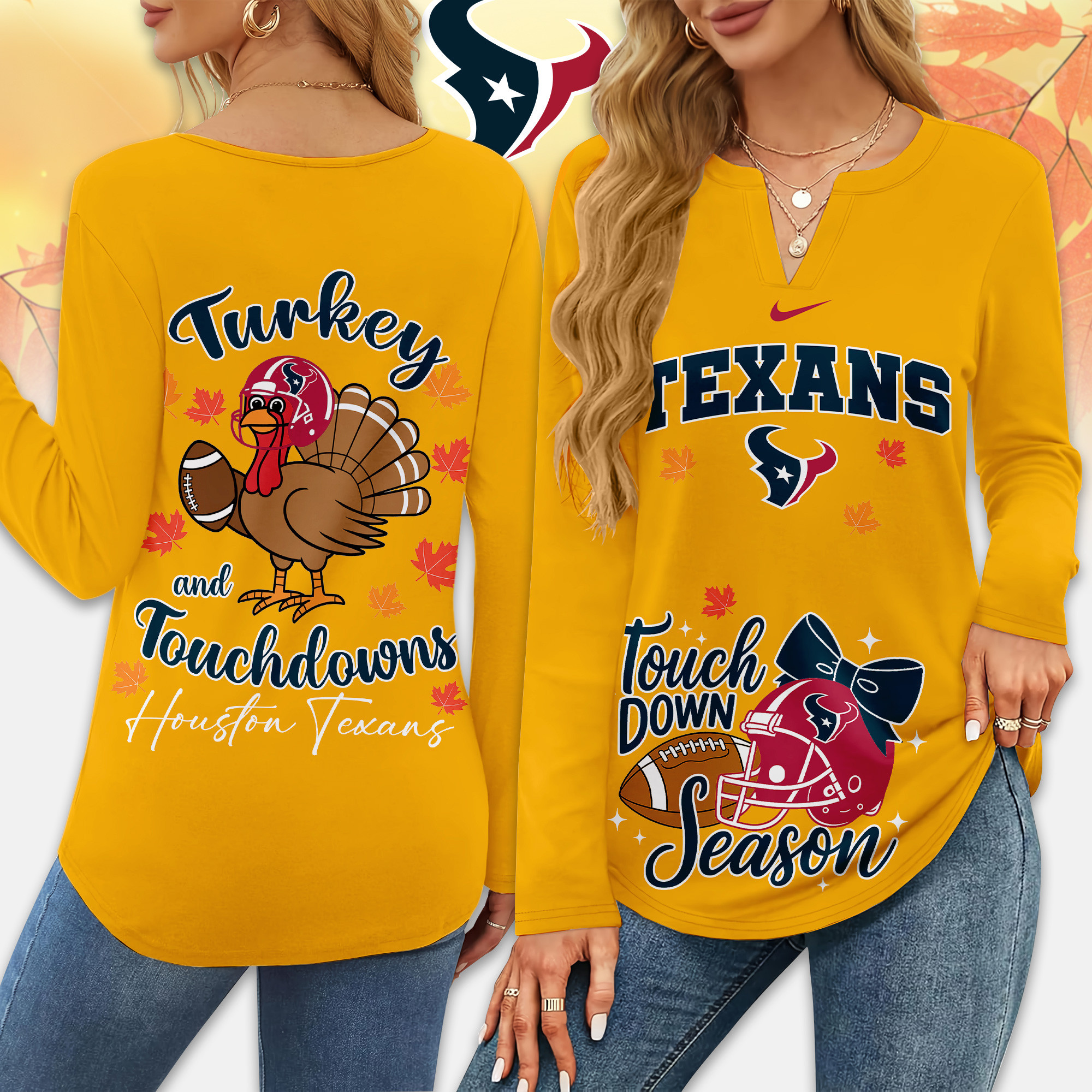 Houston Texans | Premium NFL Turkey and Touchdowns V-neck Long Sleeve Shirt TD