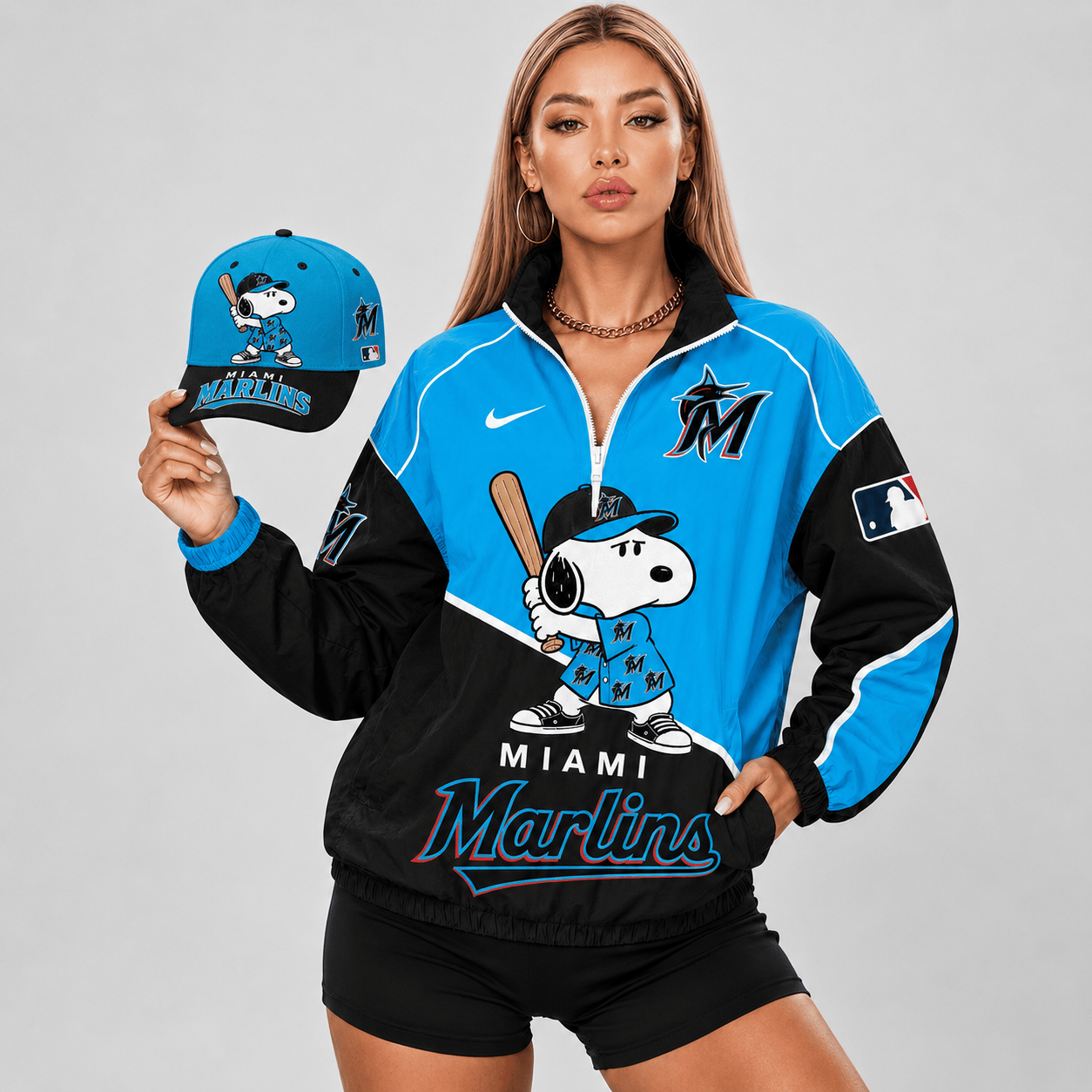 Miami Marlins | Premium MLB Snoopy Clubhouse Swing V-neck Jacket And Cap Set