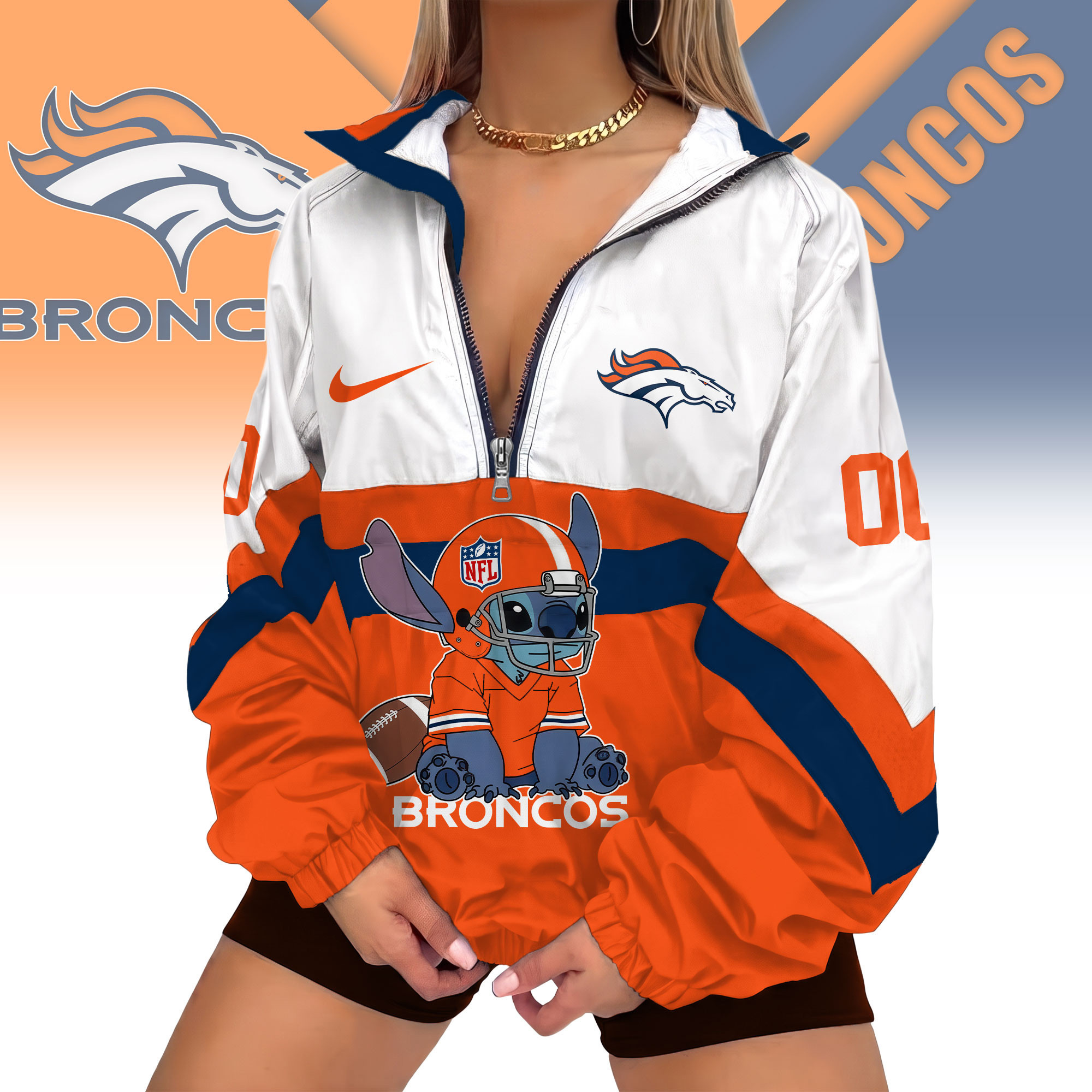 Denver Broncos | Premium NFL Cute Team Windbreaker V-Neck Zipper Sweatshirt Jackets NTH1