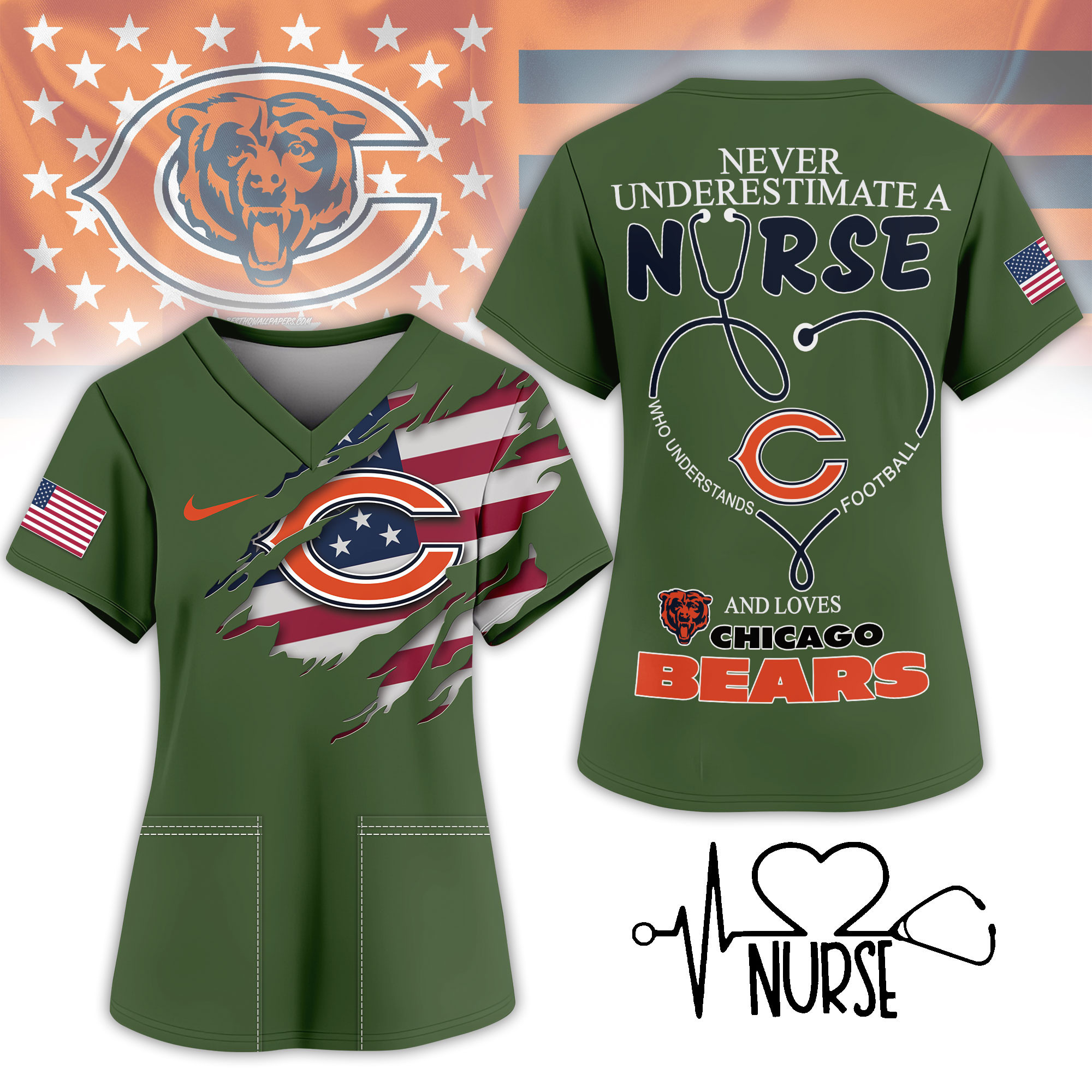 Chicago Bears | Premium NFL Army Nurse 3D Shirt NY