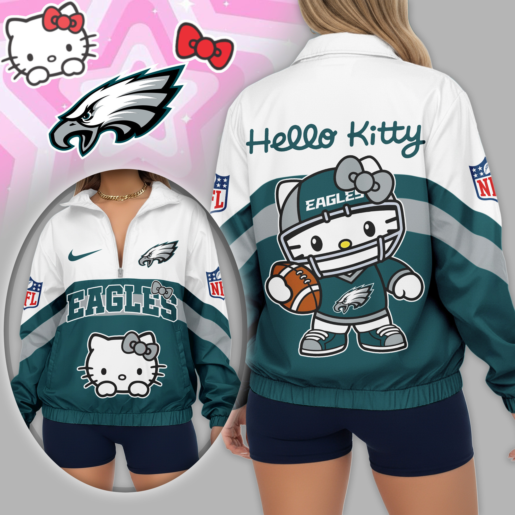 Philadelphia Eagles | Premium NFL Hello Kitty V-neck Zipper TD