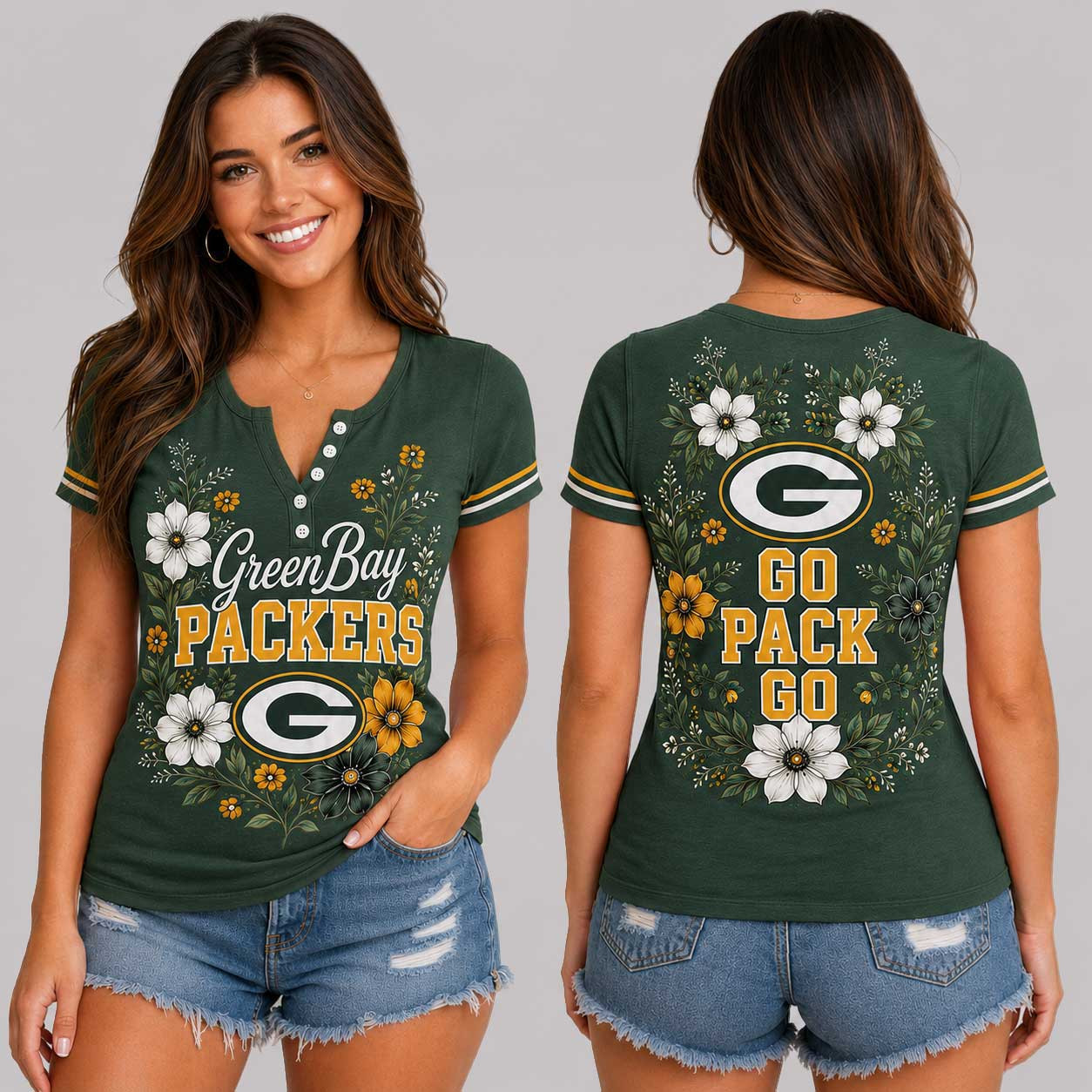 Green Bay Packers | Premium NFL Team Pride Elegant Game Day Women’s Button V-Neck Shirt TD